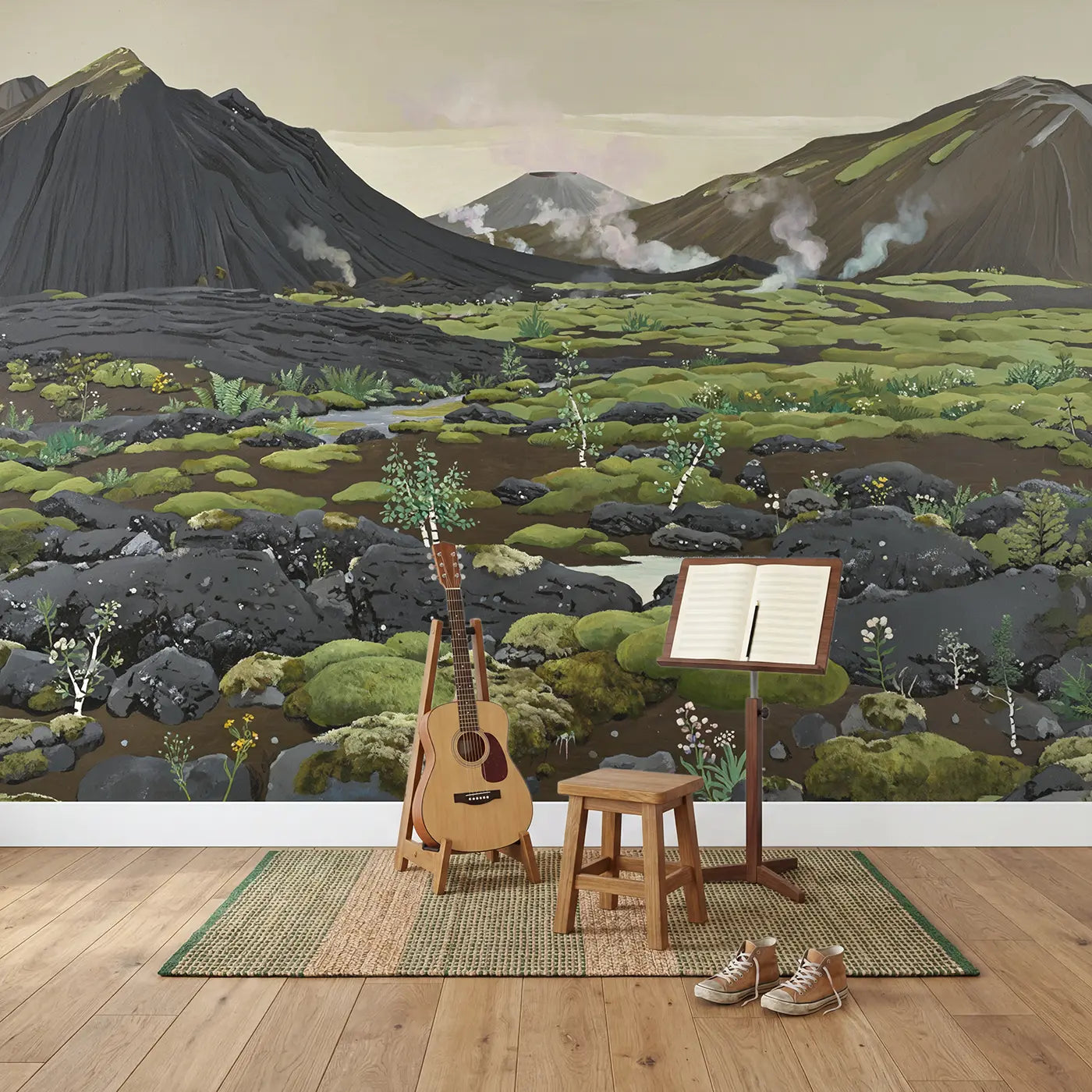 Volcanic Green Recovery Wallpaper Mural in playroom setting by Whimsy Tots