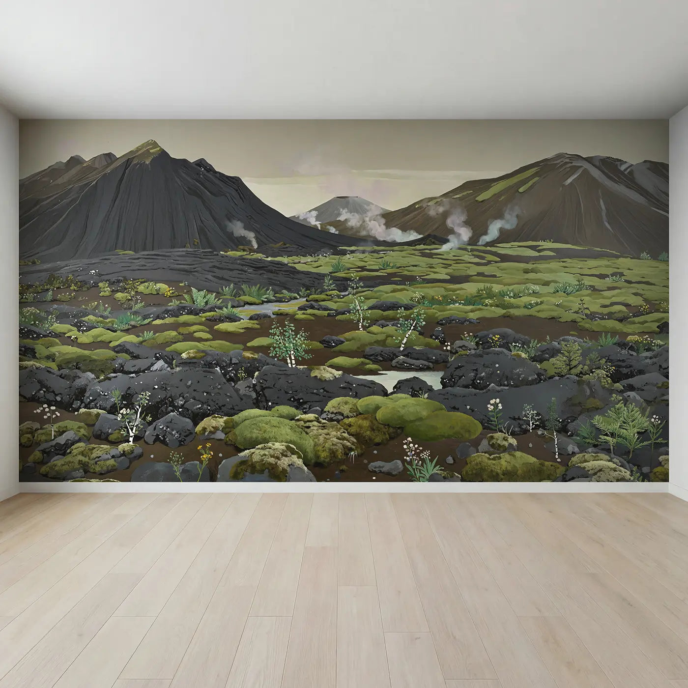 Full view of Volcanic Green Recovery Wallpaper Mural by Whimsy Tots