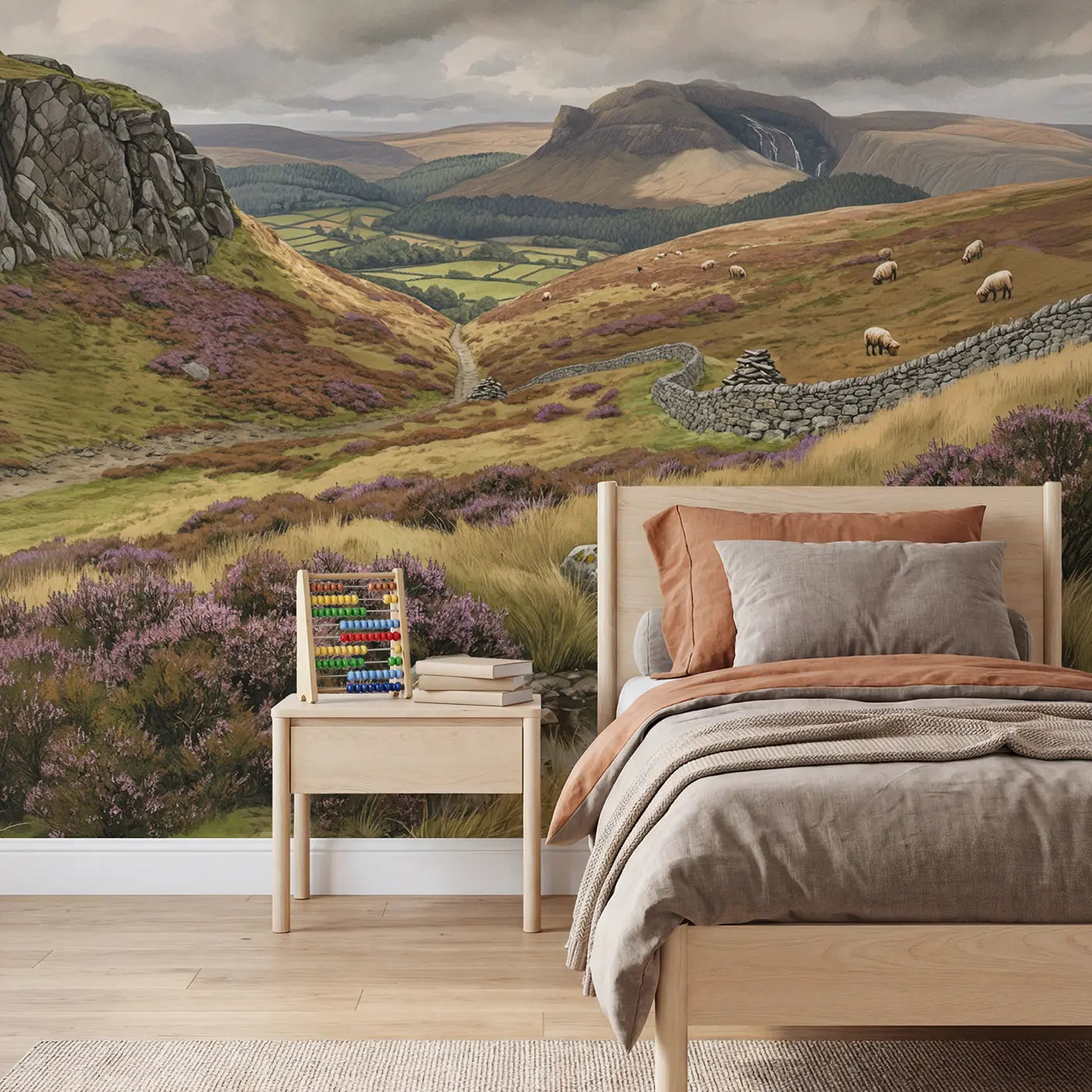 Storybook highland moorland vista wallpaper mural for kids room by Whimsy Tots