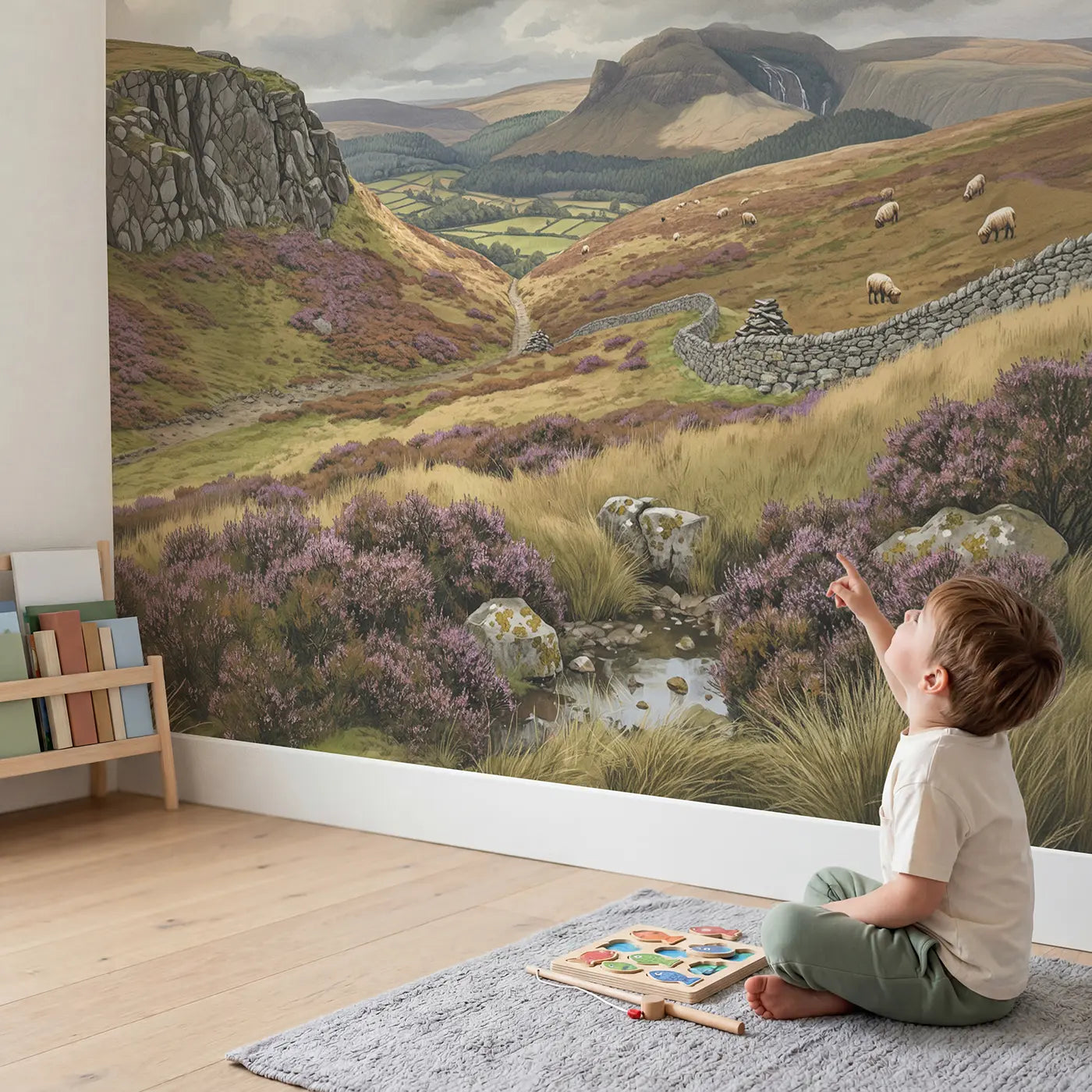 Child in nursery with Highland Moorland Vista Wallpaper Mural by Whimsy Tots