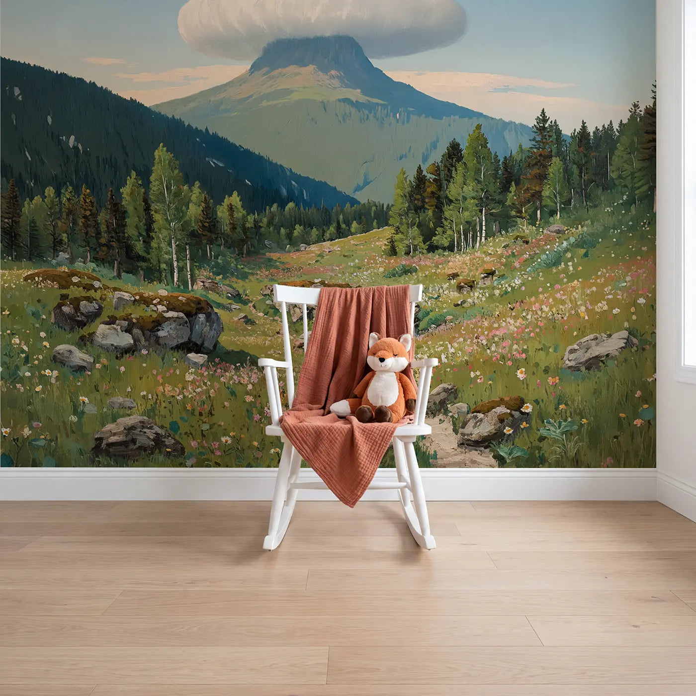 painted landscape mountain peak cloud cap meadow wallpaper mural for nursery by Whimsy Tots