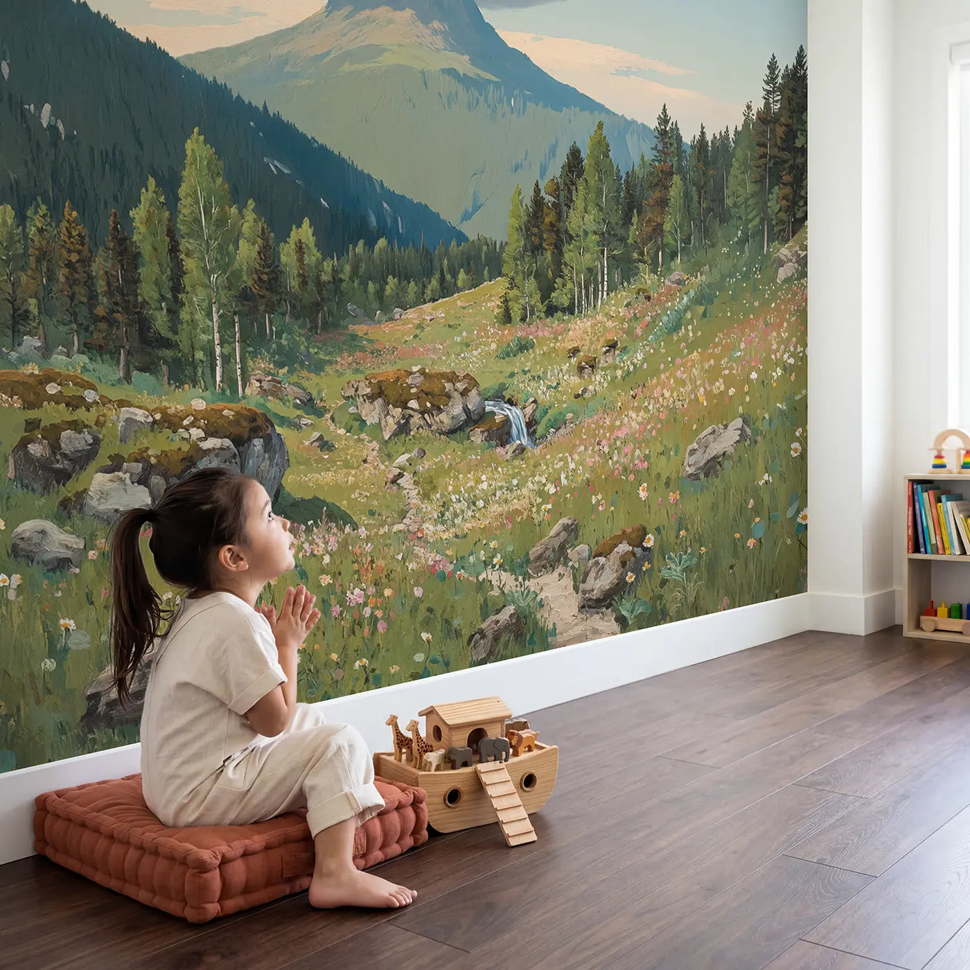 Child in nursery with Cloud Cap Mountain Peak Wallpaper Mural by Whimsy Tots