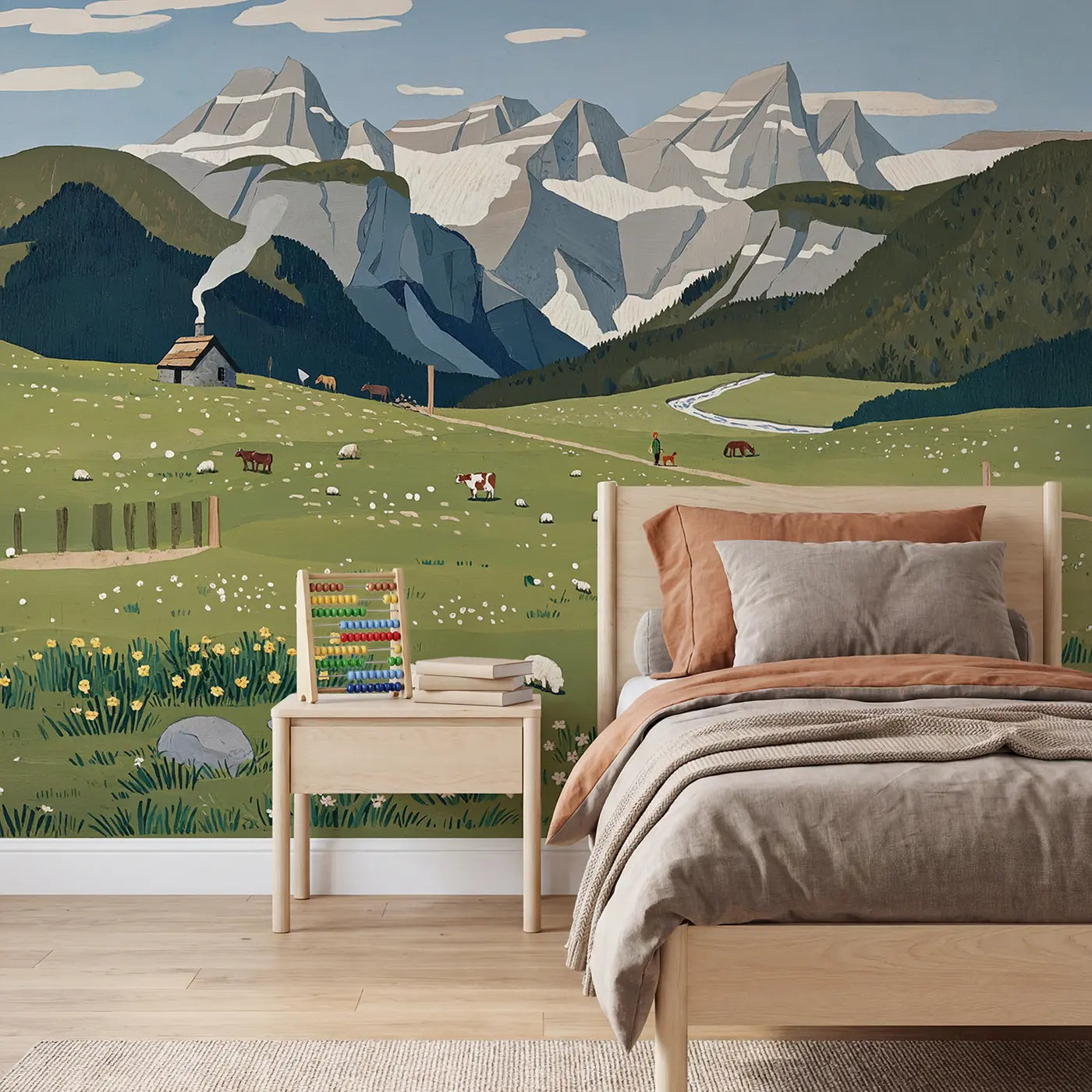 Modern illustration highland meadow grazing wallpaper mural for kids room by Whimsy Tots