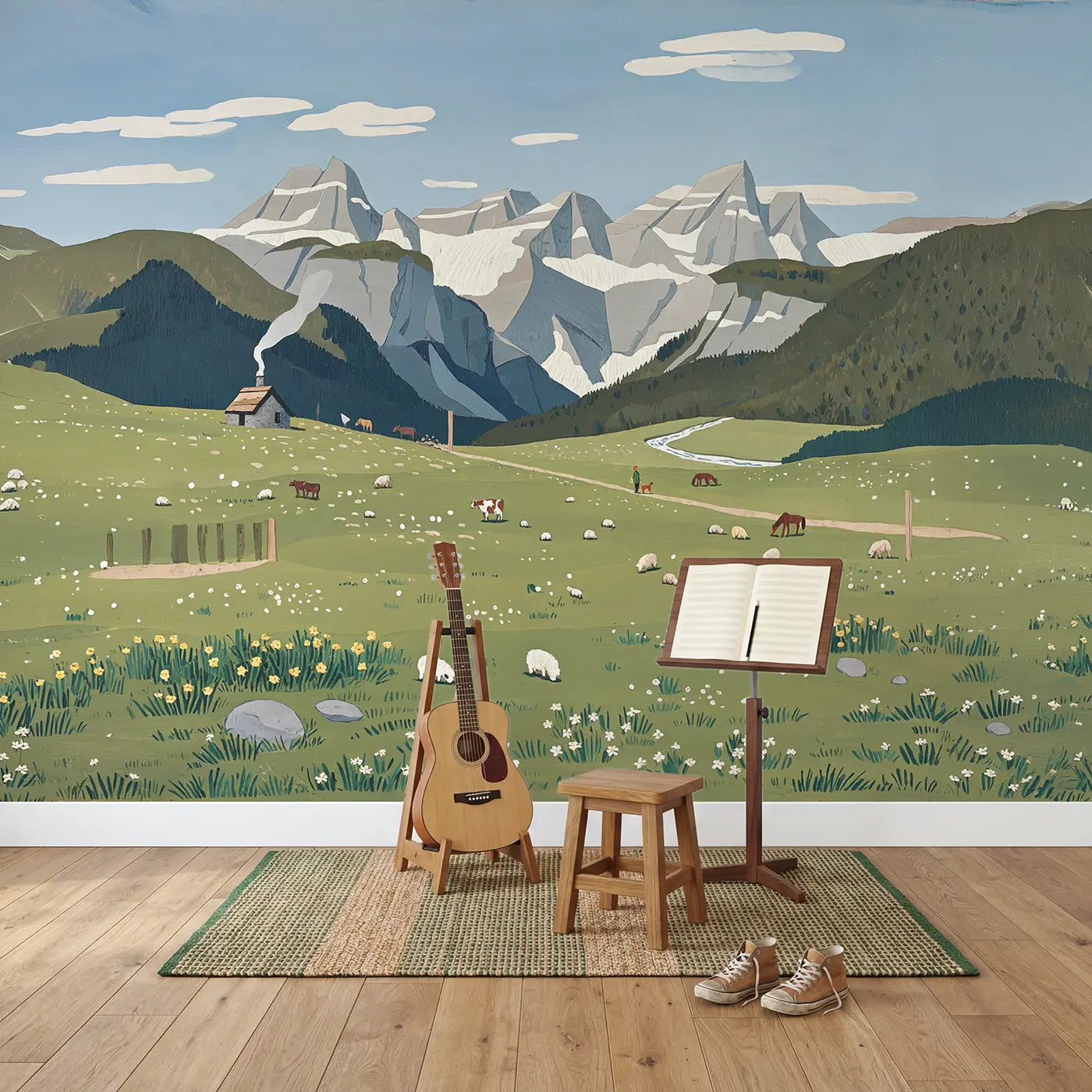 Highland Meadow Grazing Wallpaper Mural in playroom setting by Whimsy Tots