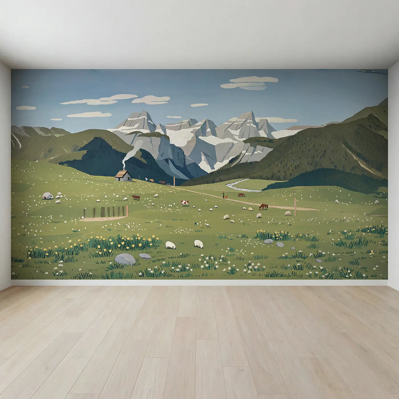 Full view of Highland Meadow Grazing Wallpaper Mural by Whimsy Tots