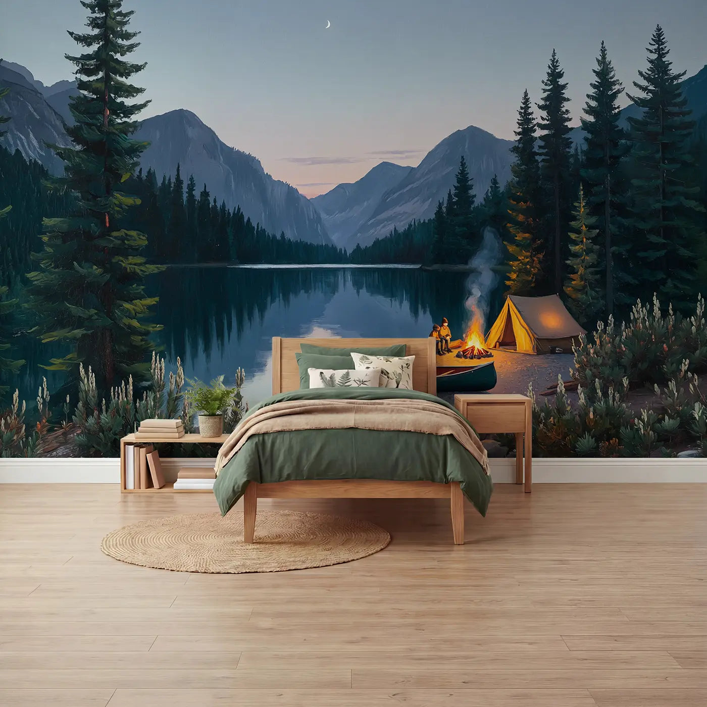 Painted mountain and campfire mountain wallpaper mural for boys room by Whimsy Tots