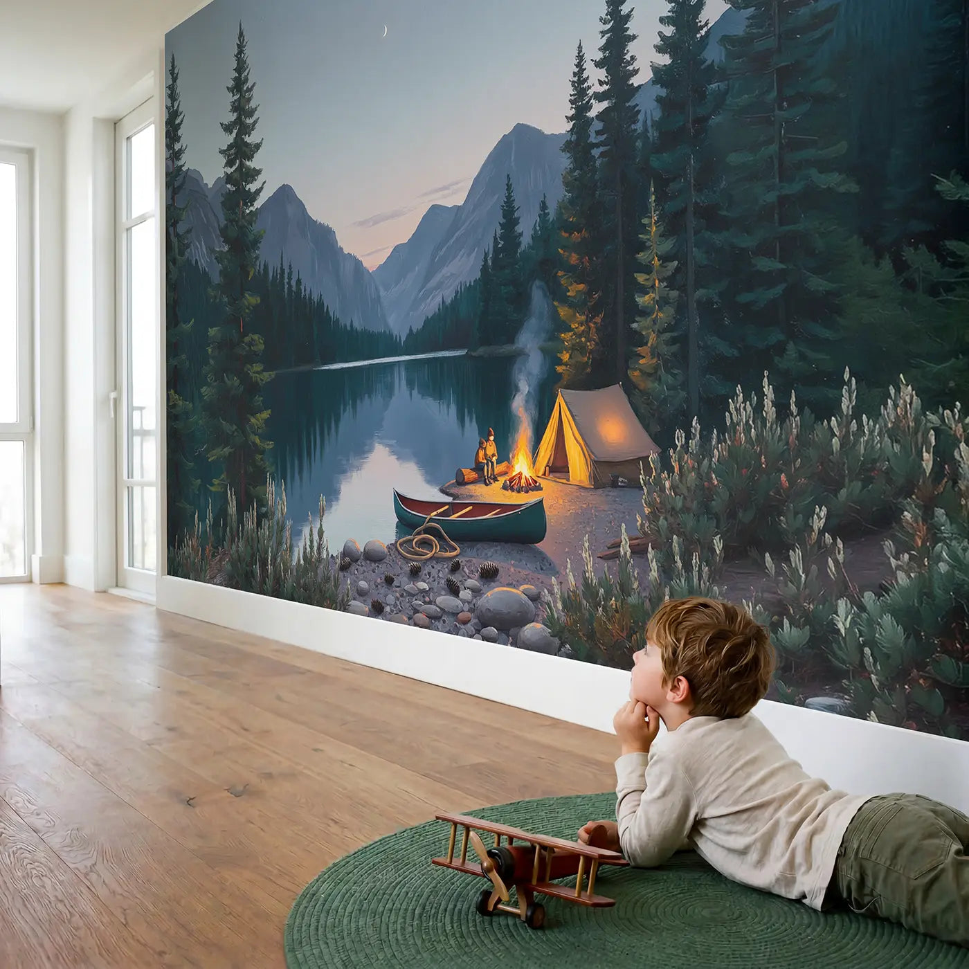 Child in nursery with Mountain Campfire Evening Wallpaper Mural by Whimsy Tots