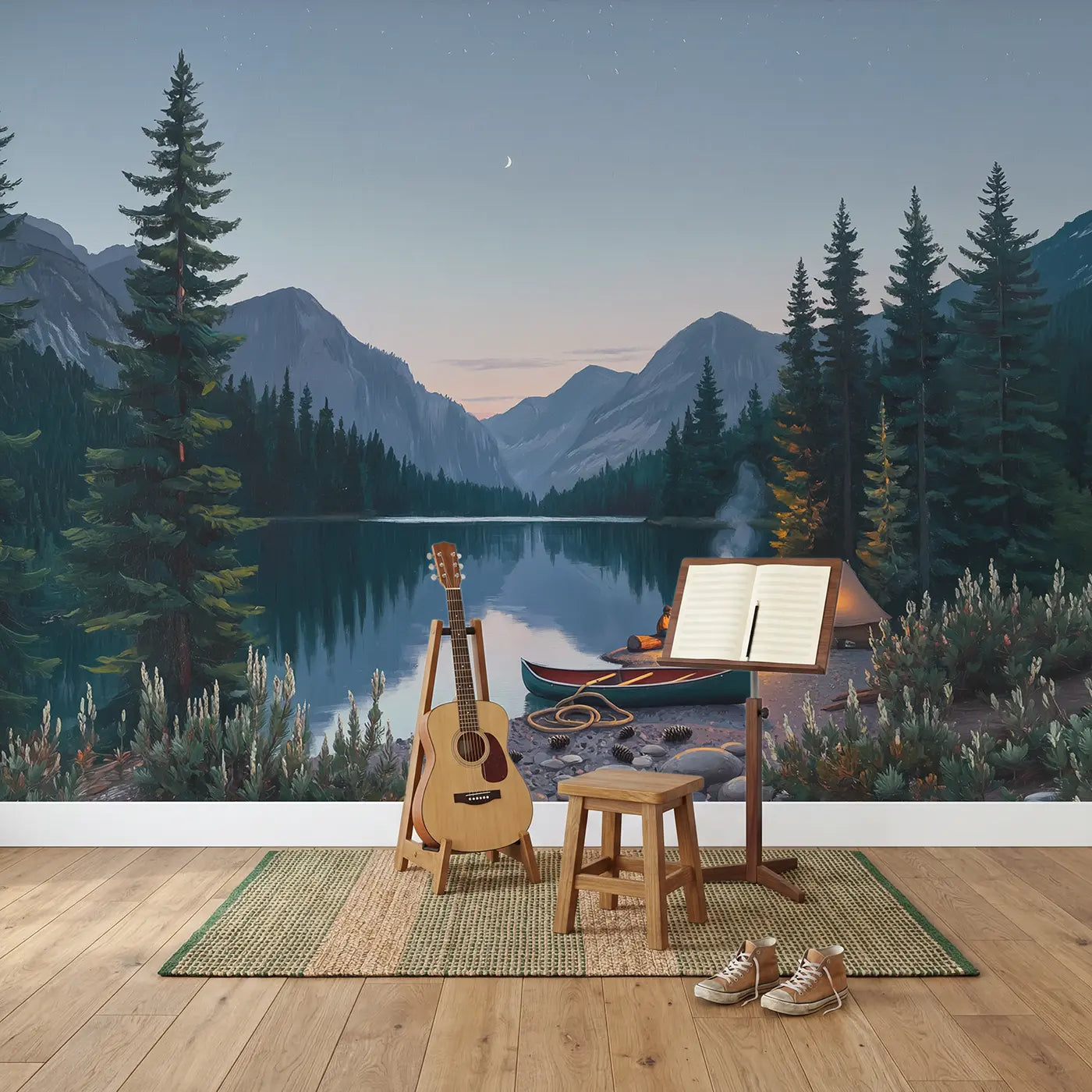 Mountain Campfire Evening Wallpaper Mural in playroom setting by Whimsy Tots