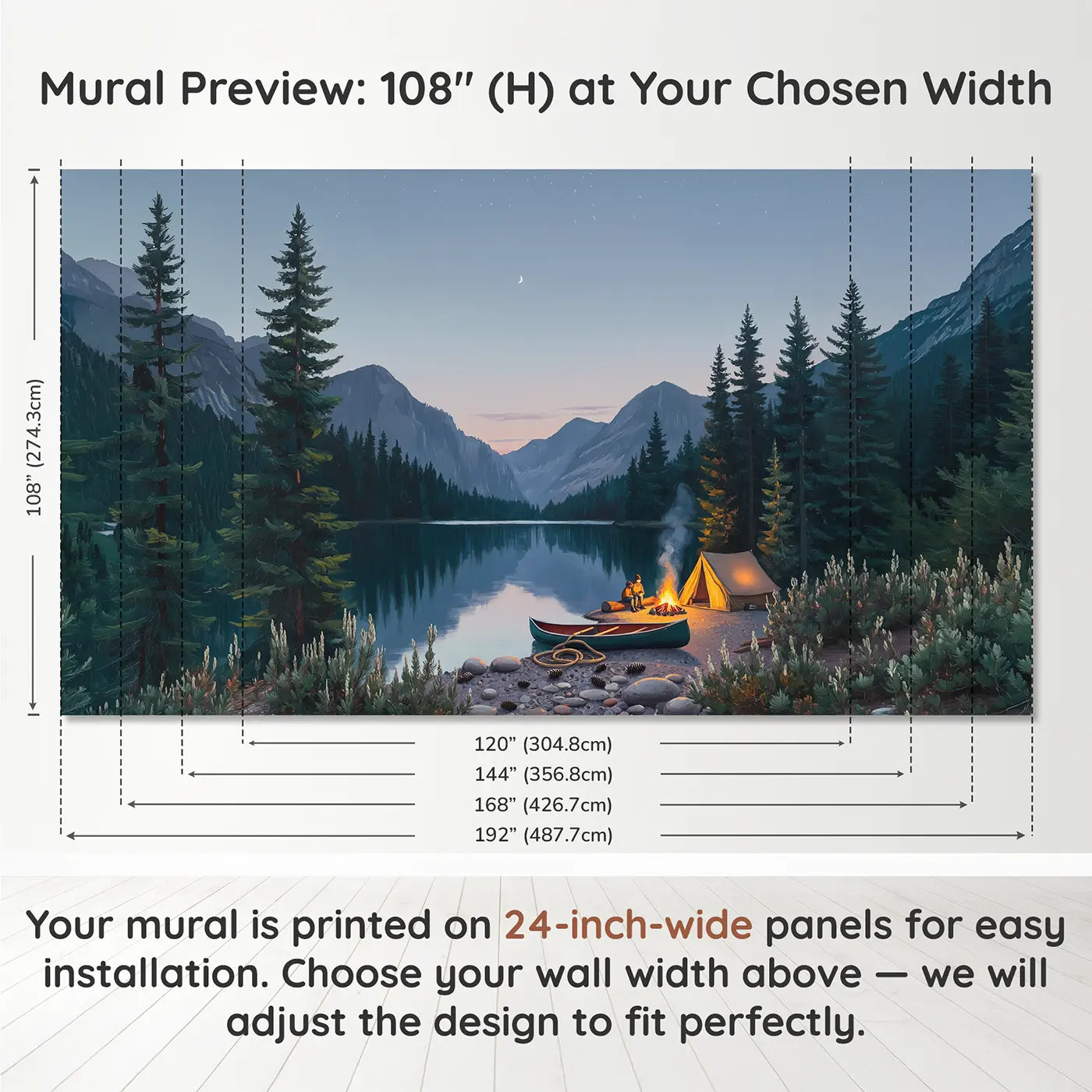 Panel layout and dimensions for Mountain Campfire Evening Wallpaper Mural by Whimsy Tots