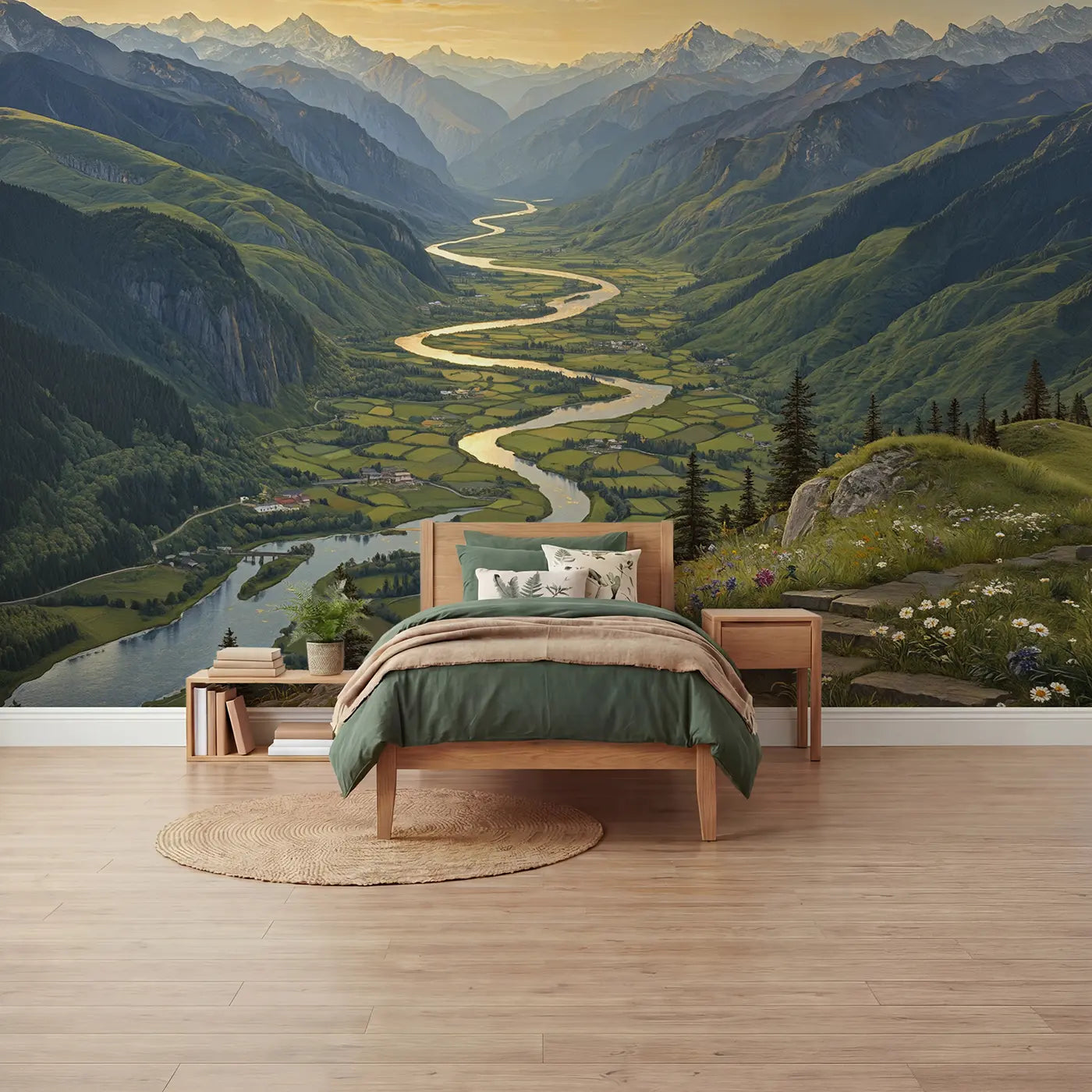 Botanical Elegance silver river valley panorama wallpaper mural for boys room by Whimsy Tots