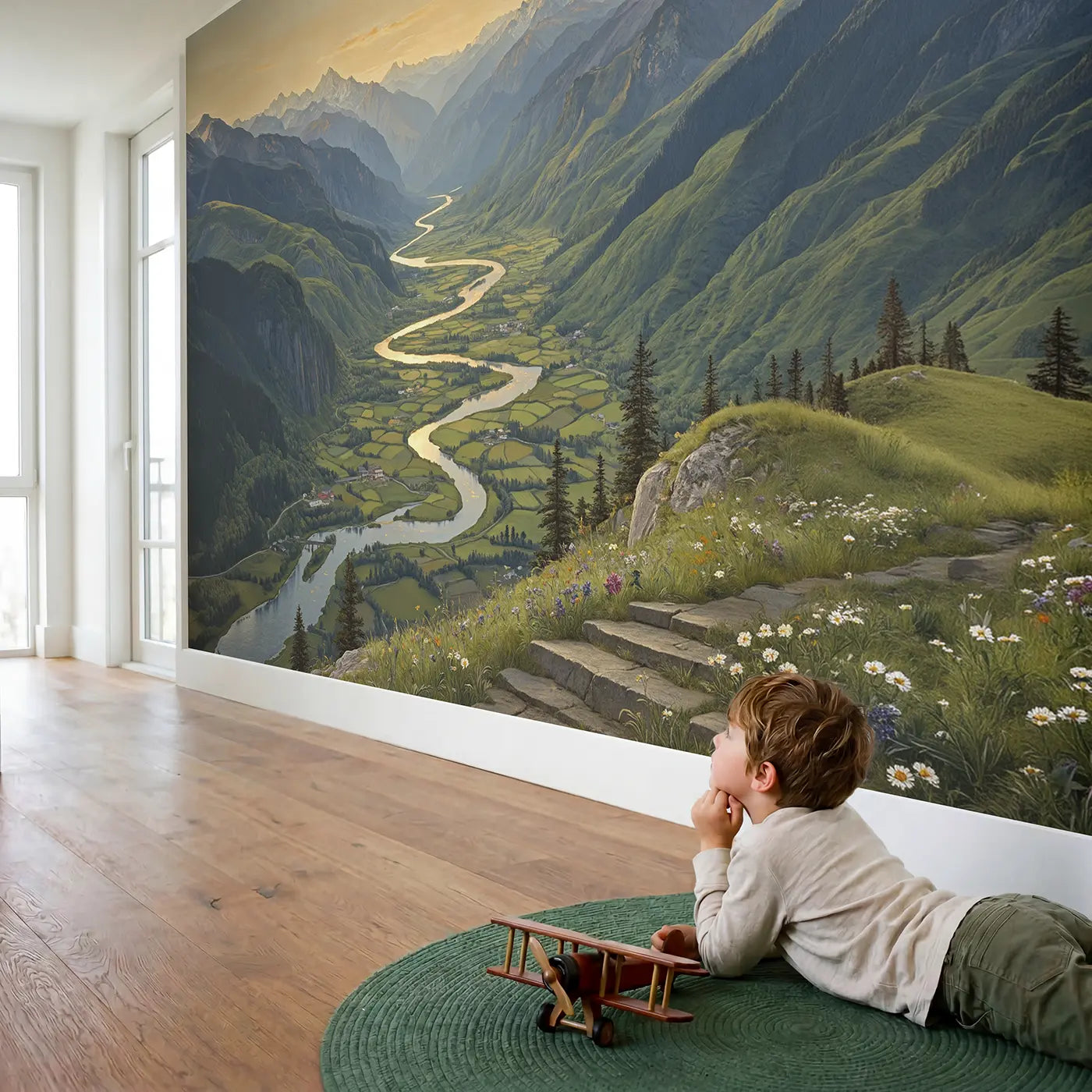 Child in nursery with Silver River Valley Panorama Wallpaper Mural by Whimsy Tots