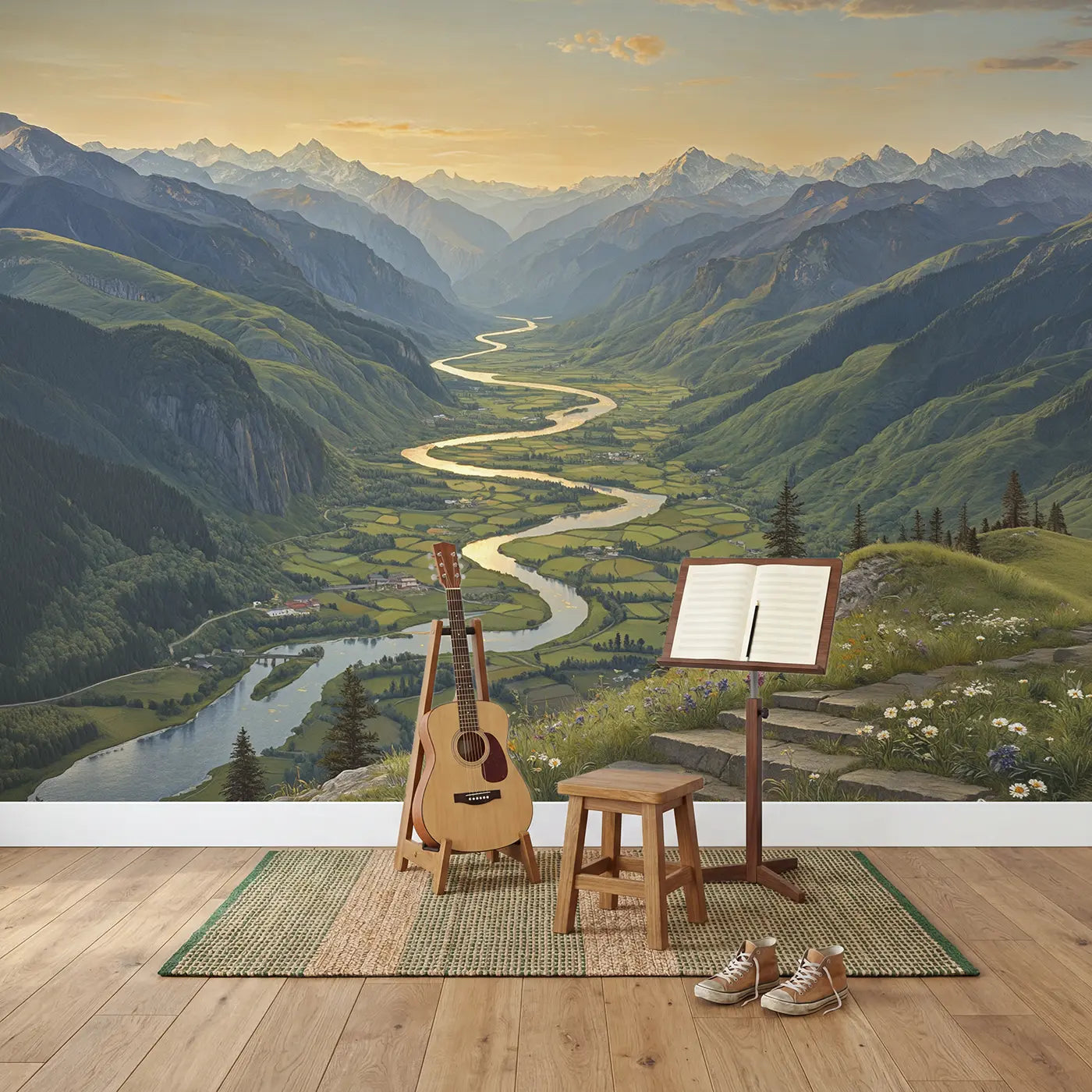 Silver River Valley Panorama Wallpaper Mural in playroom setting by Whimsy Tots