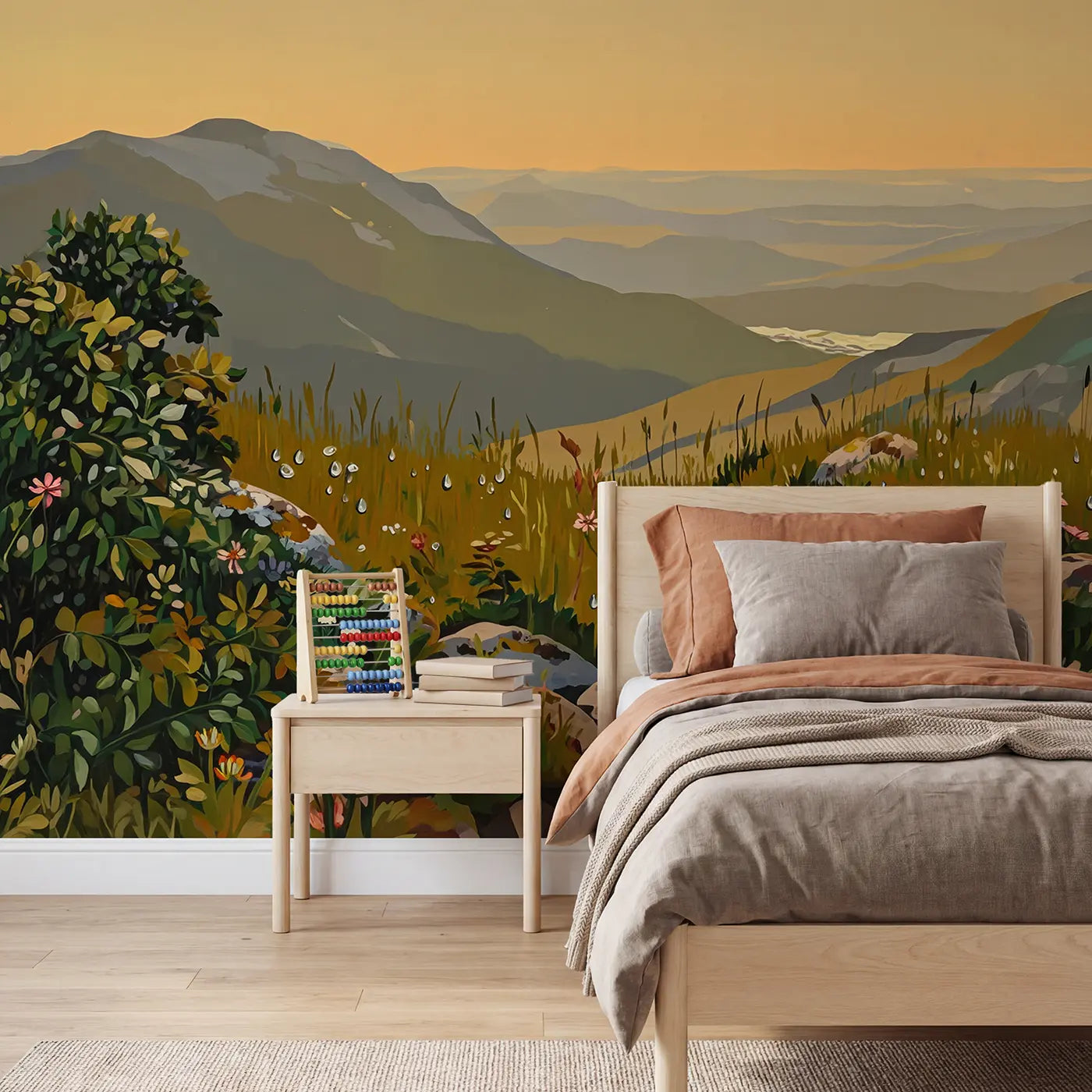 modern illustration mountain dew drop meadow wallpaper mural for kids room by Whimsy Tots
