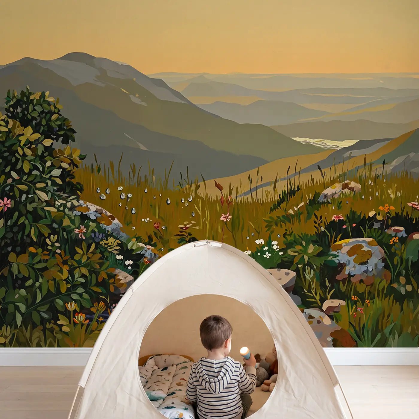 Child in nursery with Mountain Reflected Dew Drop Wallpaper Mural by Whimsy Tots