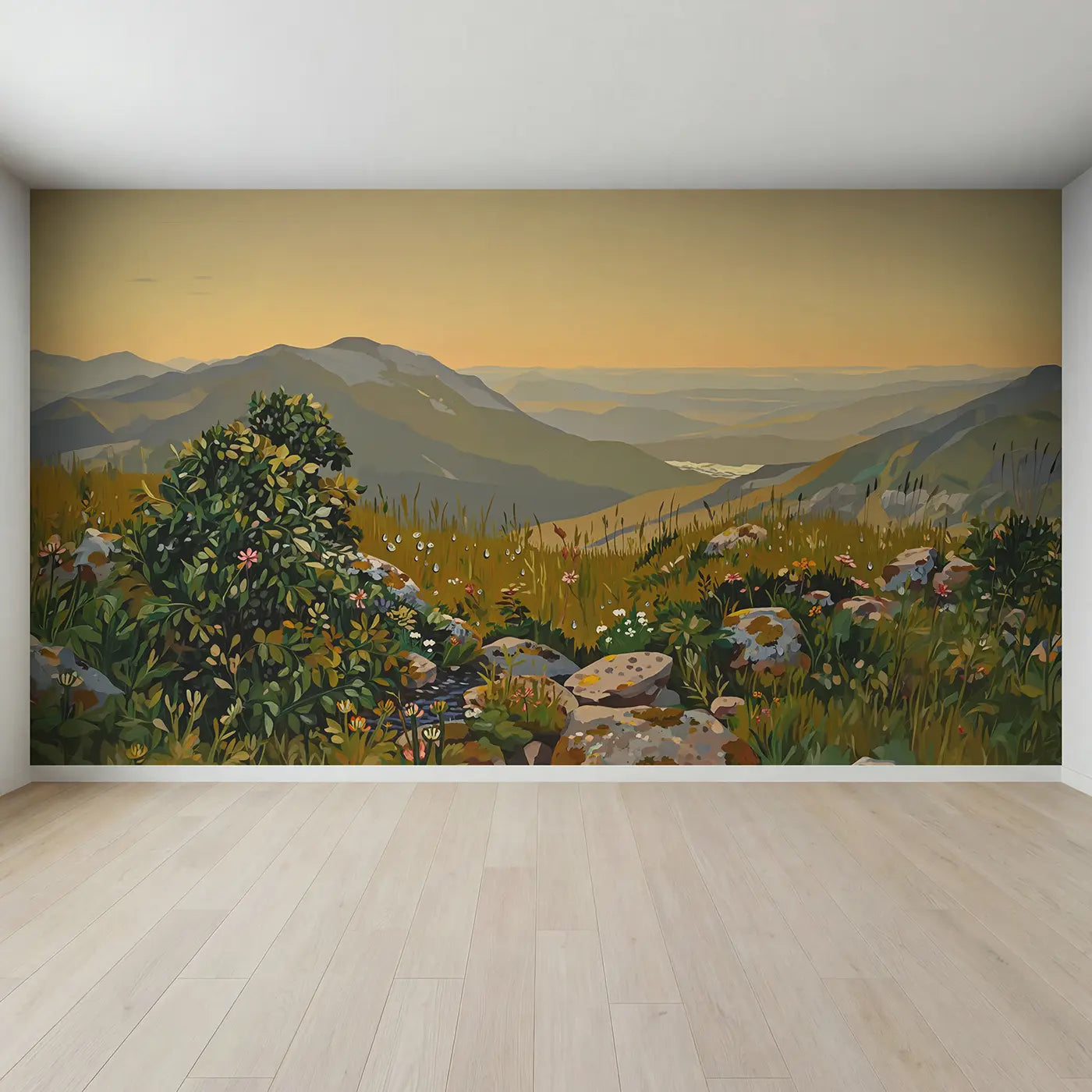 Full view of Mountain Reflected Dew Drop Wallpaper Mural by Whimsy Tots
