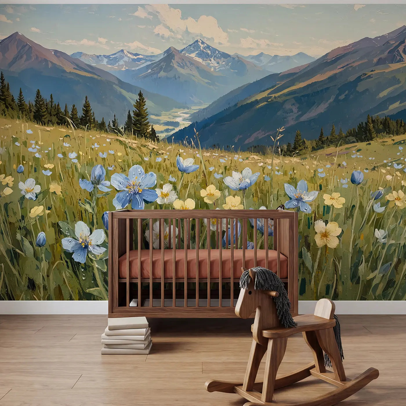 Painted landscape mountain mountain landscape wallpaper mural for nursery by Whimsy Tots