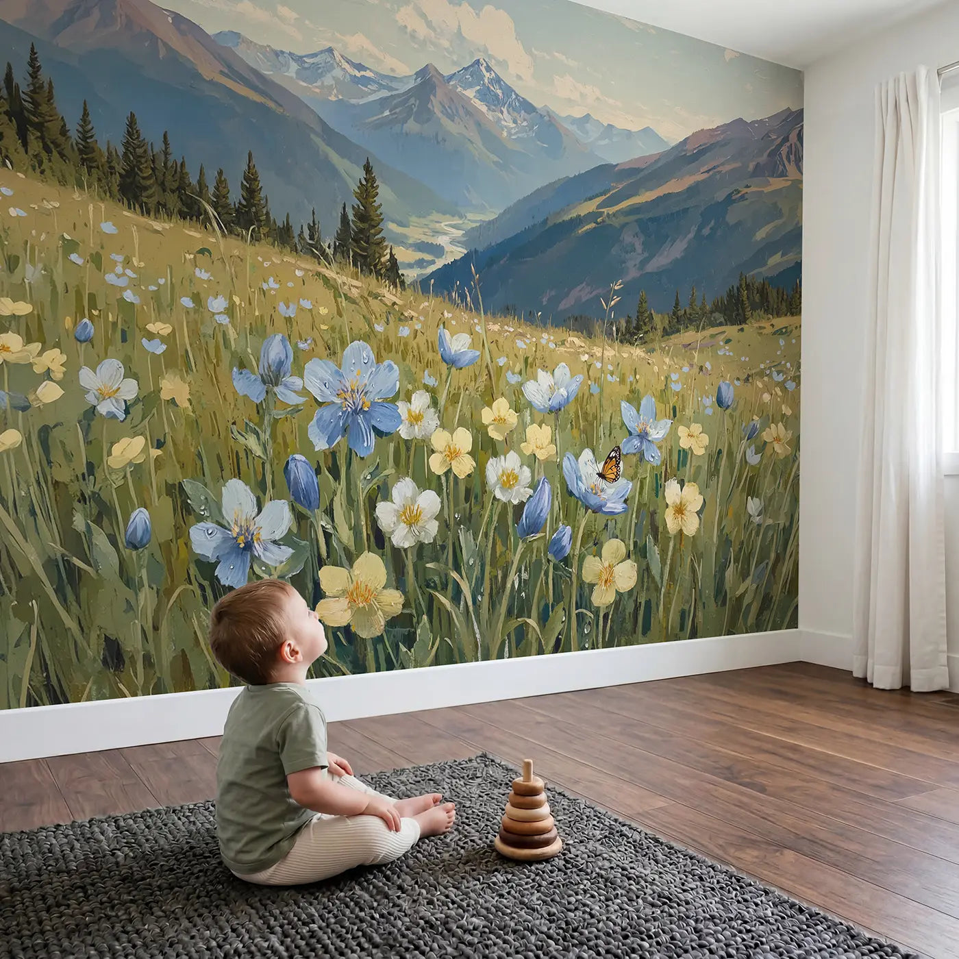 Child in nursery with Alpine Wildflower Peaks Wallpaper Mural by Whimsy Tots