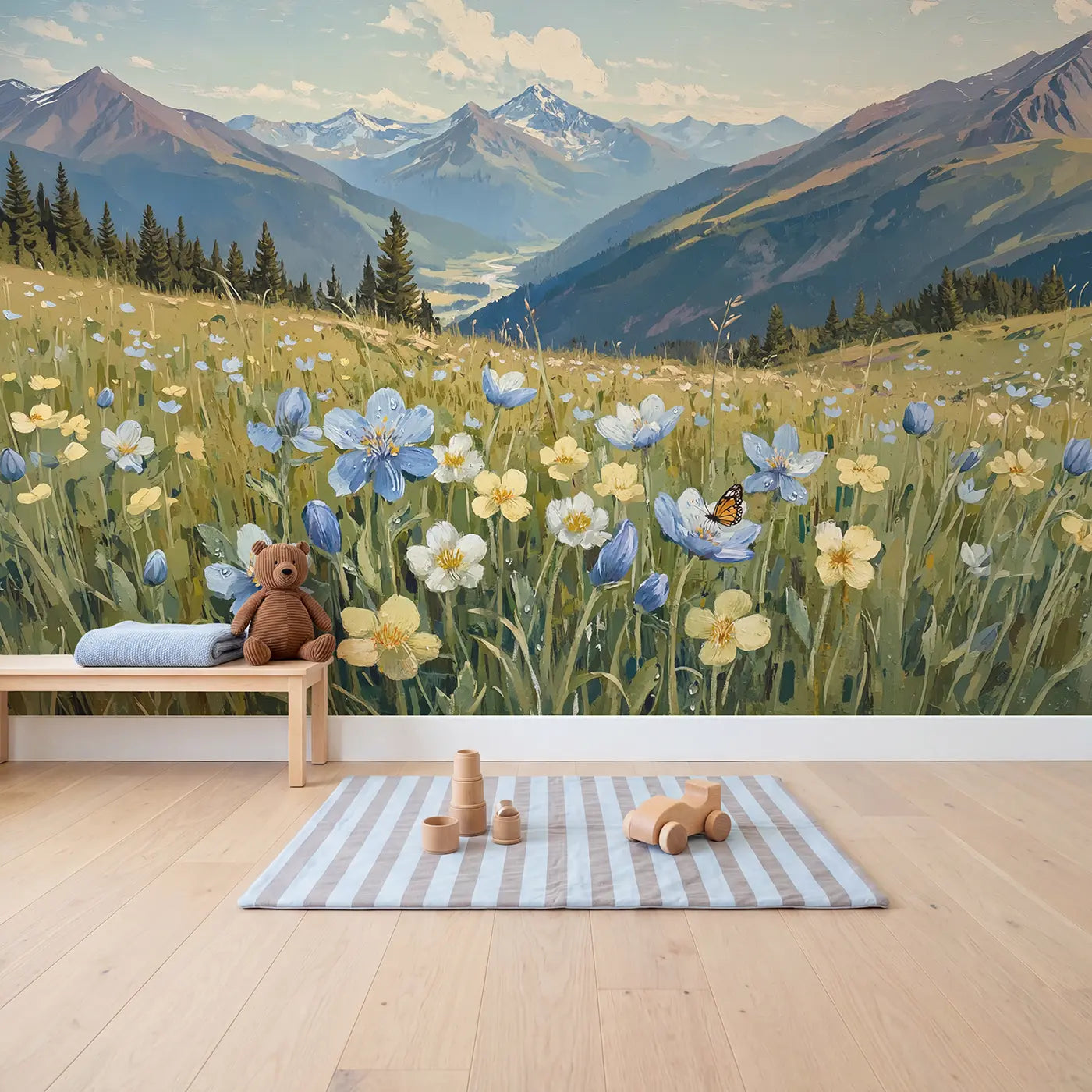 Alpine Wildflower Peaks Wallpaper Mural in playroom setting by Whimsy Tots