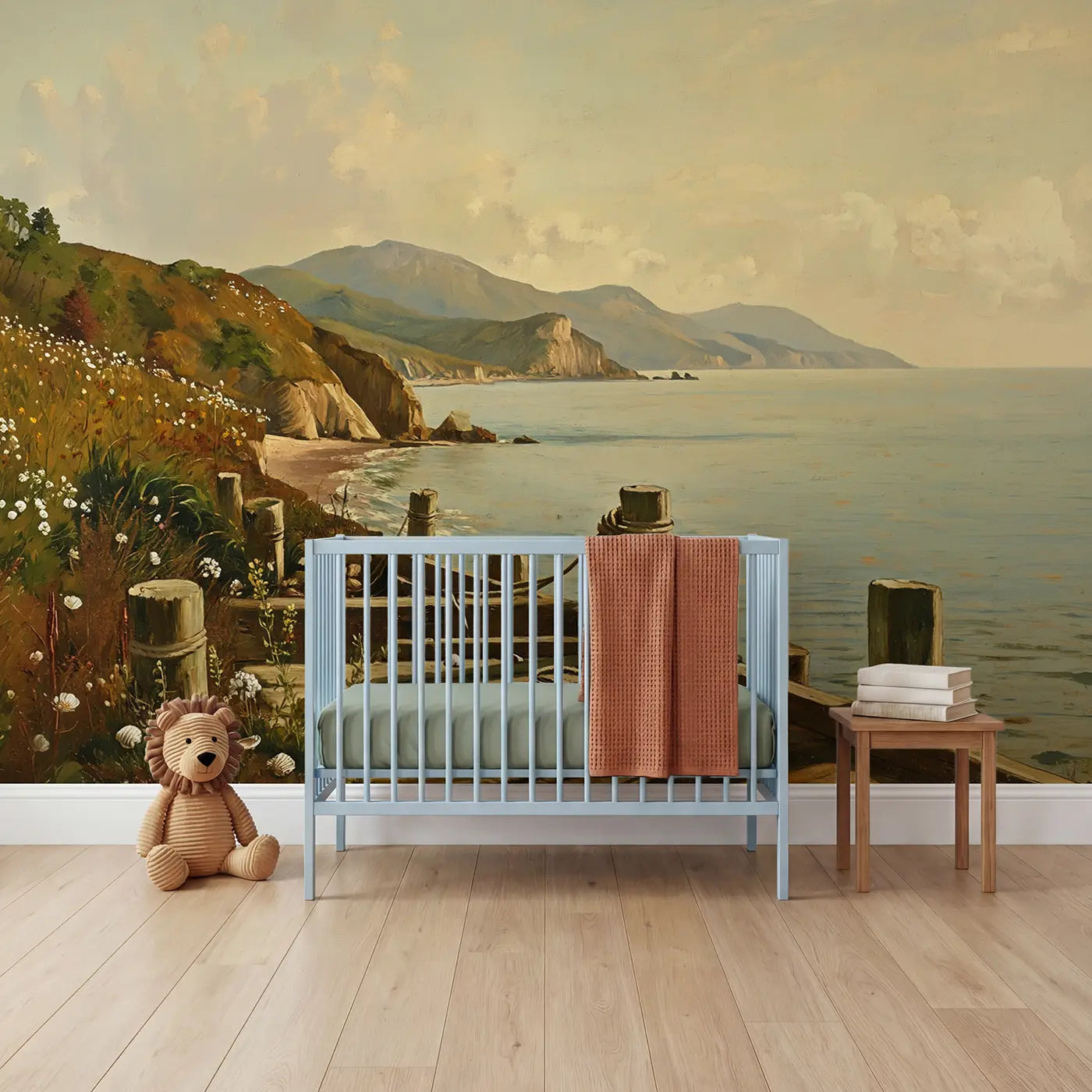 painted coastal mountains ocean sunset wallpaper mural for nursery by Whimsy Tots