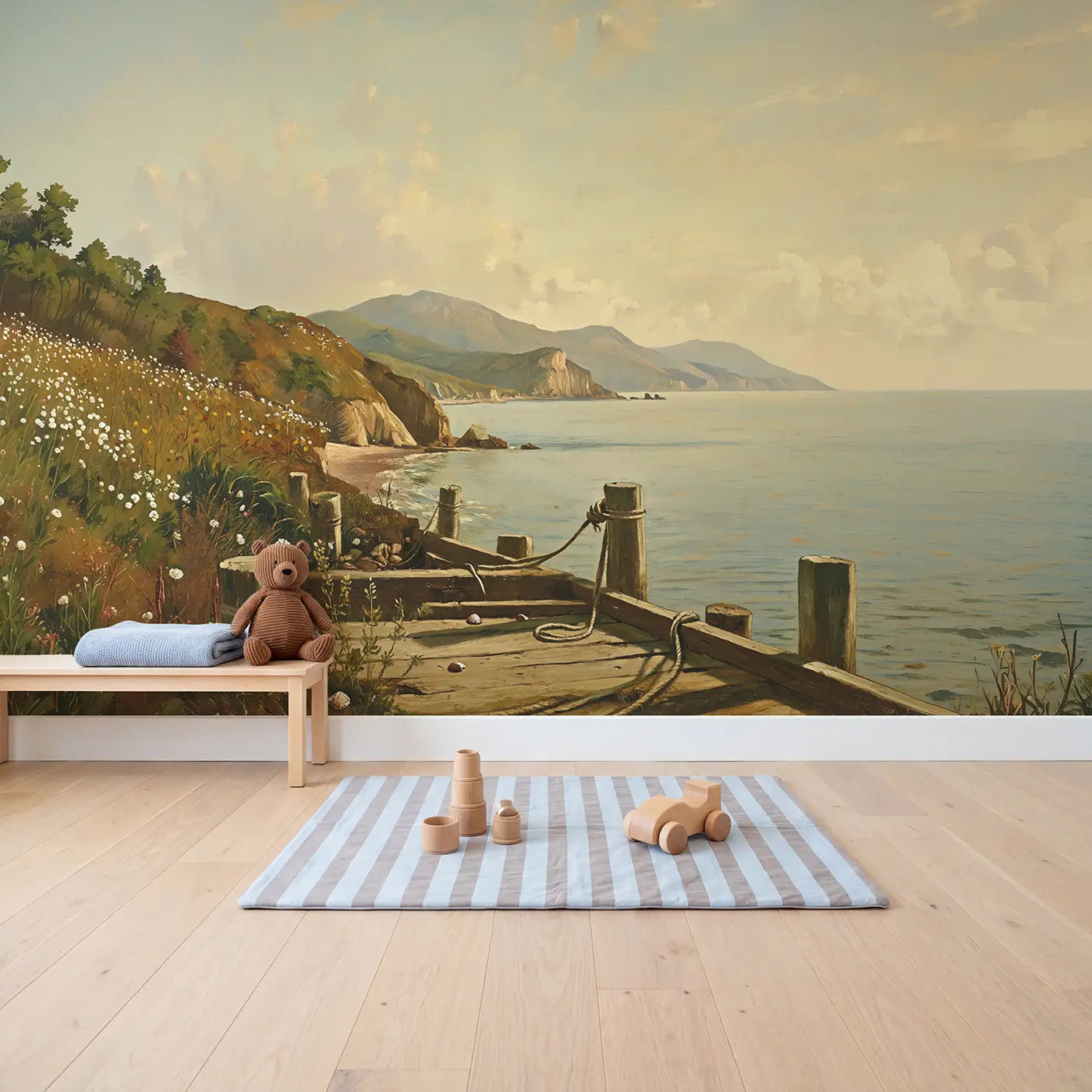 Coastal Mountains Meeting Ocean Wallpaper Mural in playroom setting by Whimsy Tots