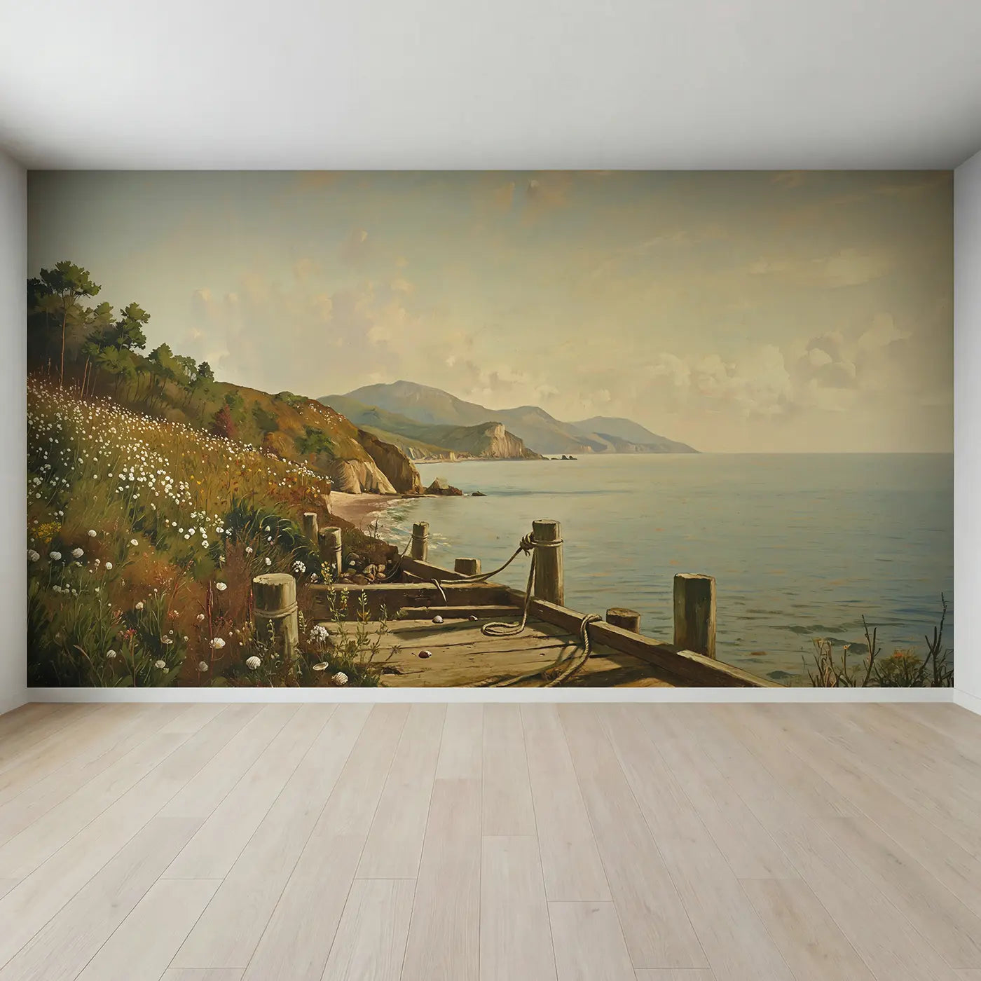 Full view of Coastal Mountains Meeting Ocean Wallpaper Mural by Whimsy Tots