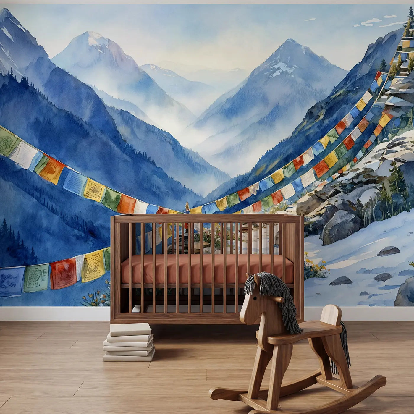 Watercolor mountain and peak mountain wallpaper mural for nursery by Whimsy Tots