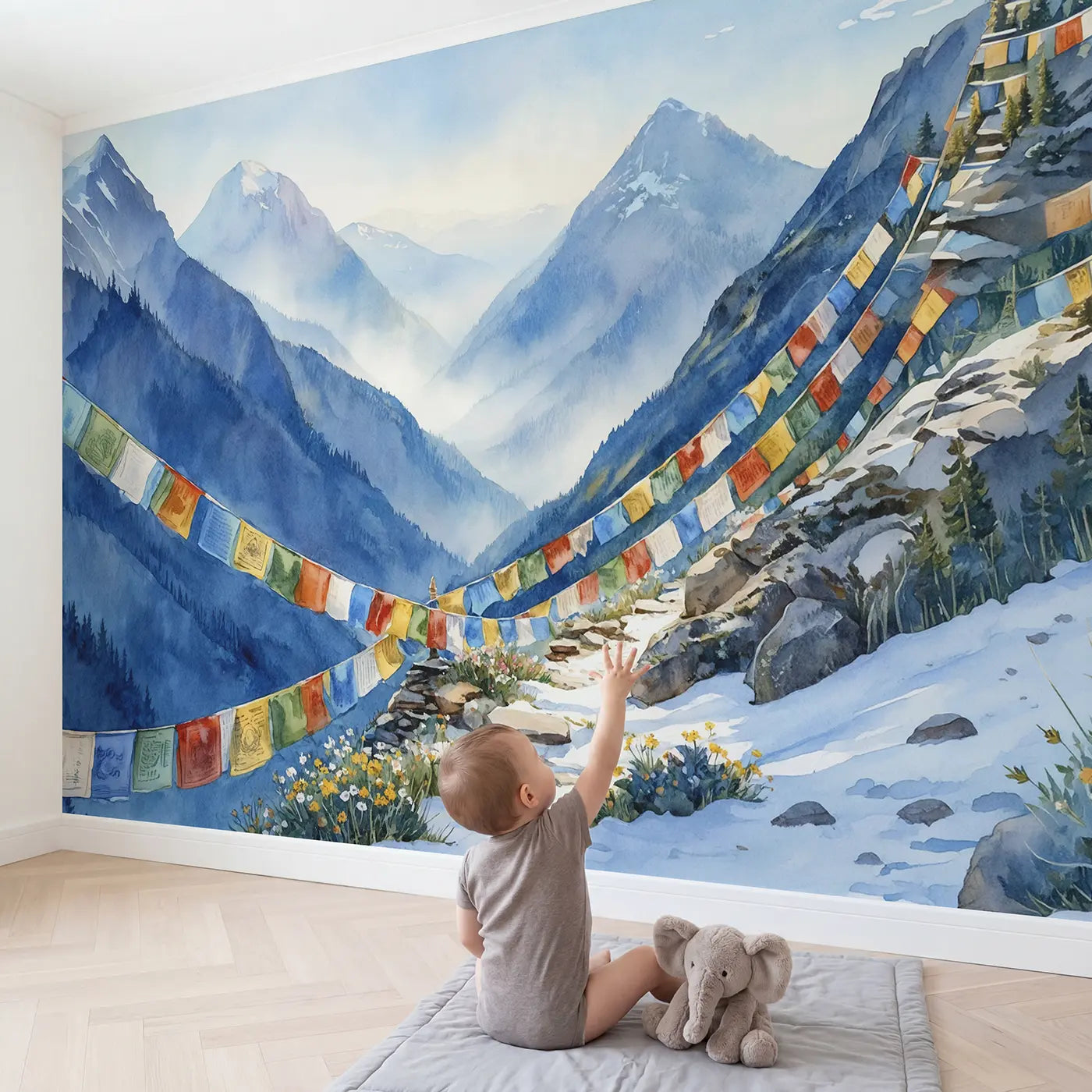 Child in nursery with Prayer Flag Mountain Pass Wallpaper Mural by Whimsy Tots