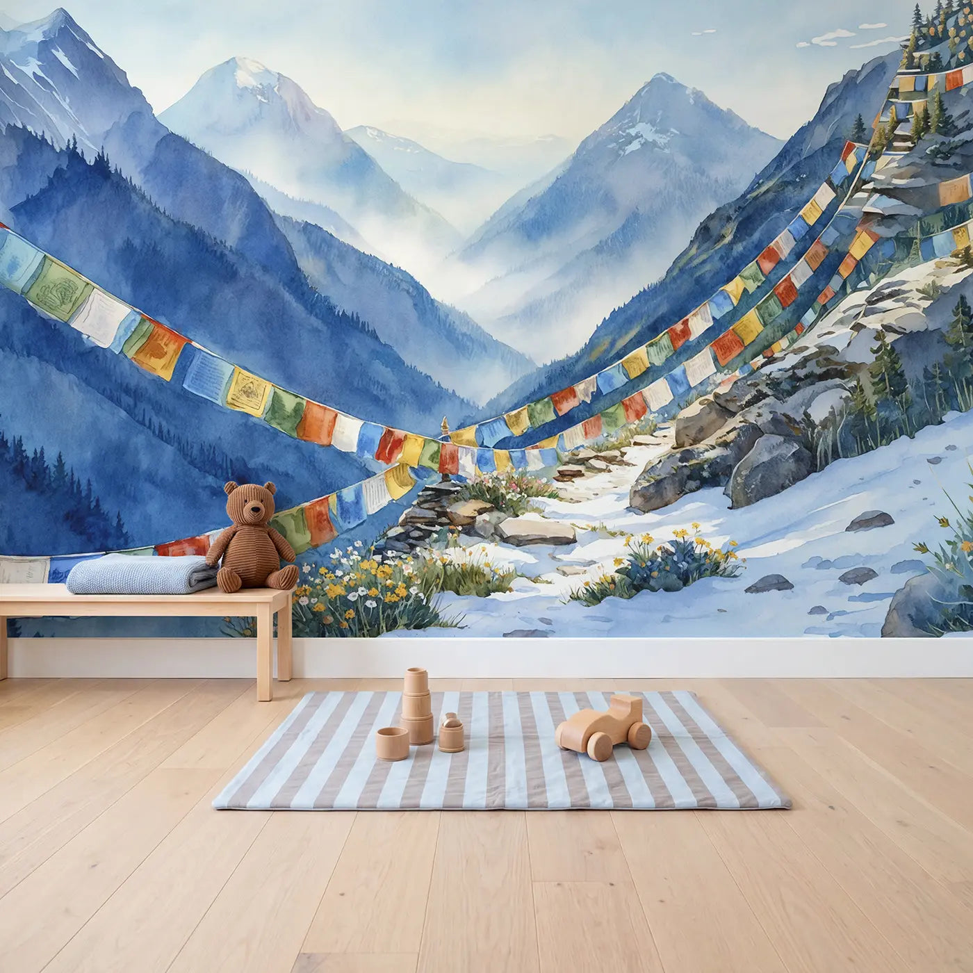 Prayer Flag Mountain Pass Wallpaper Mural in playroom setting by Whimsy Tots