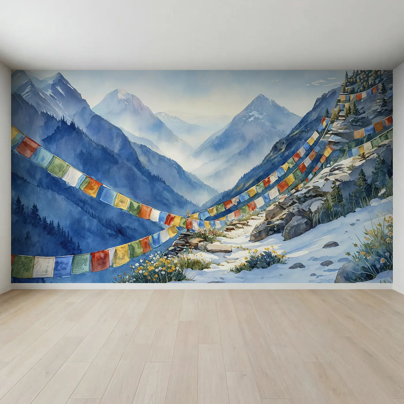 Full view of Prayer Flag Mountain Pass Wallpaper Mural by Whimsy Tots