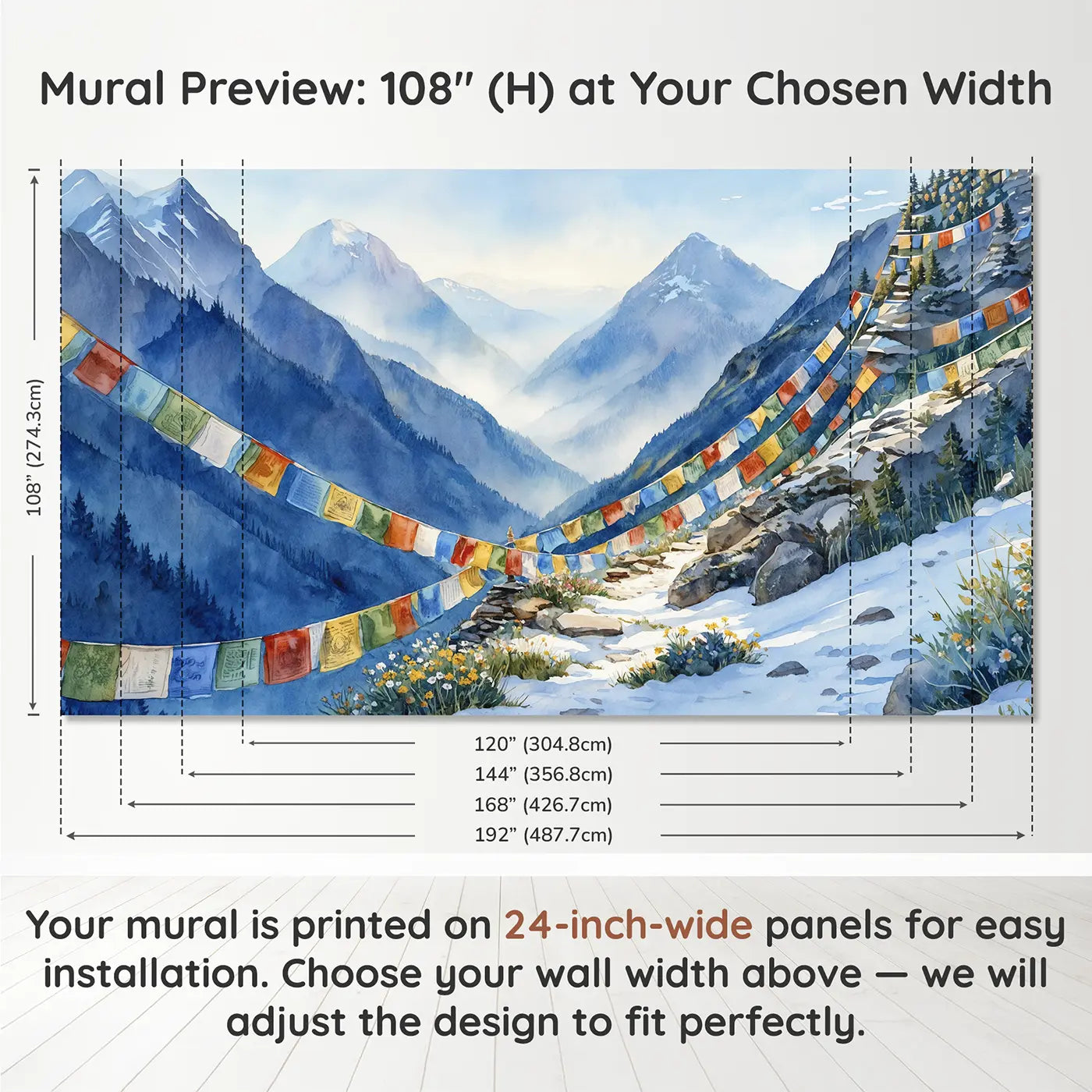 Panel layout and dimensions for Prayer Flag Mountain Pass Wallpaper Mural by Whimsy Tots
