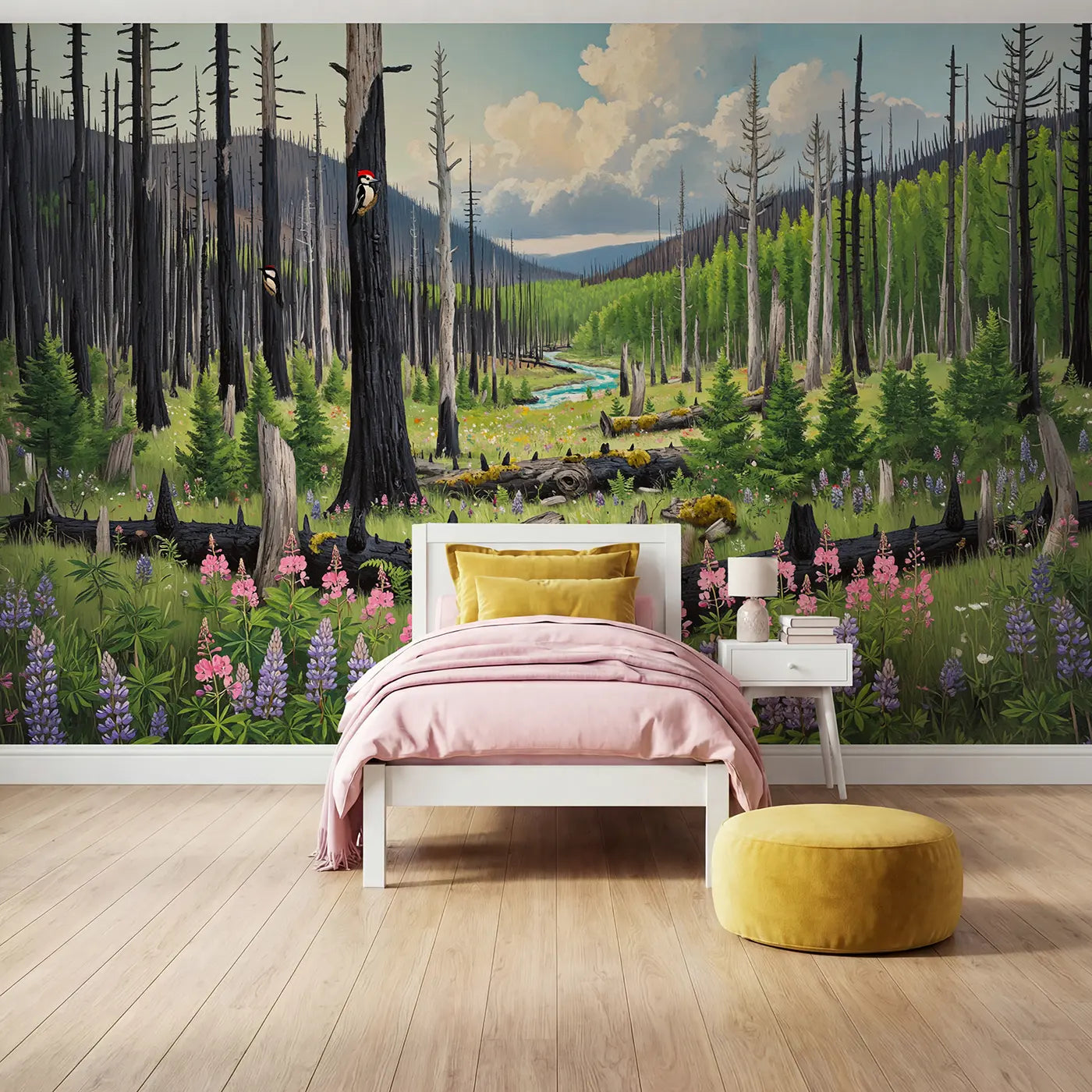 Painted landscape mountain forest regrowth wallpaper mural for girls room by Whimsy Tots