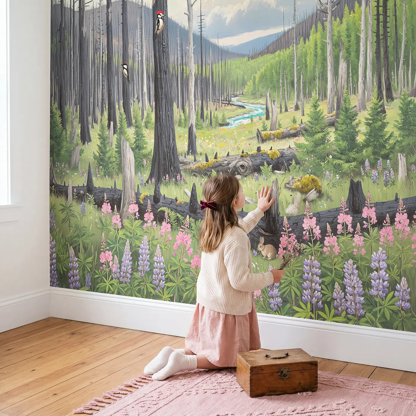 Child in nursery with Mountain Forest Regrowth Wallpaper Mural by Whimsy Tots