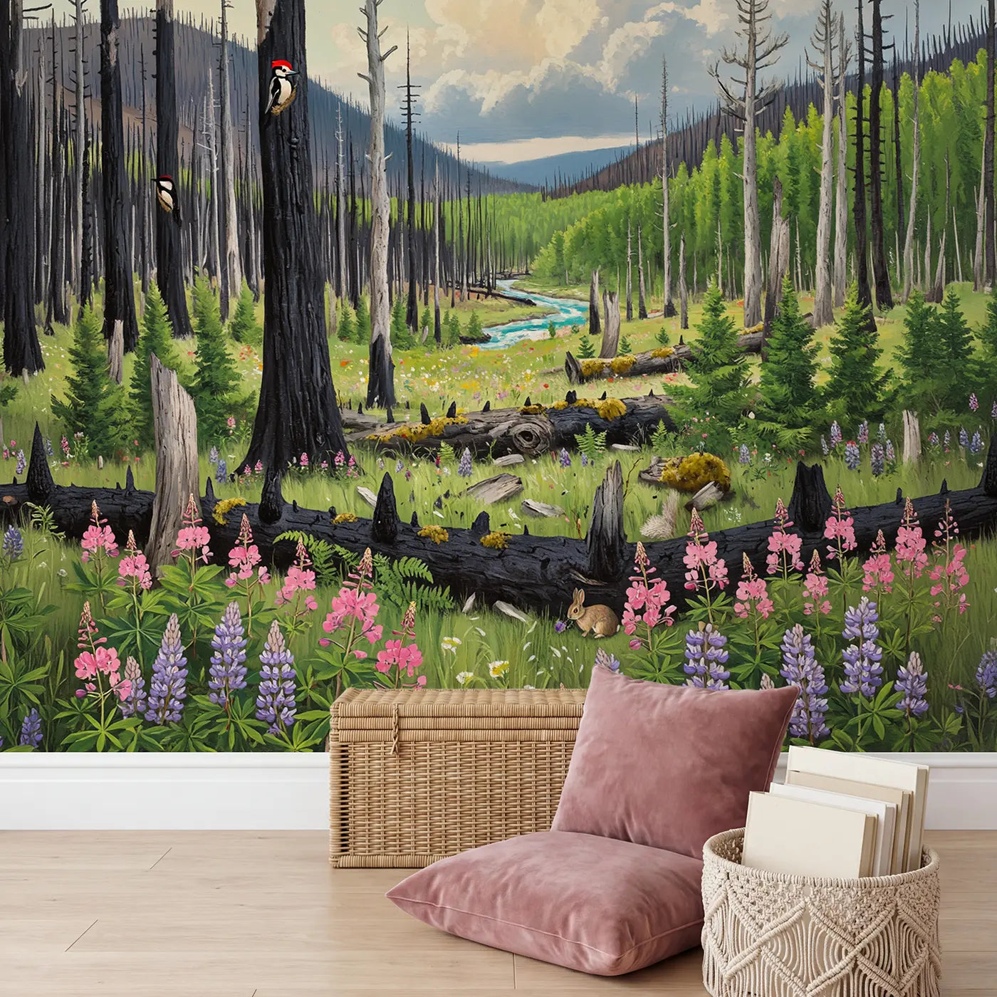 Mountain Forest Regrowth Wallpaper Mural in playroom setting by Whimsy Tots