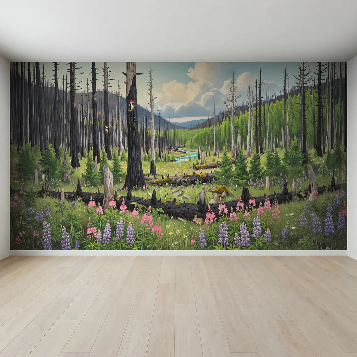 Full view of Mountain Forest Regrowth Wallpaper Mural by Whimsy Tots