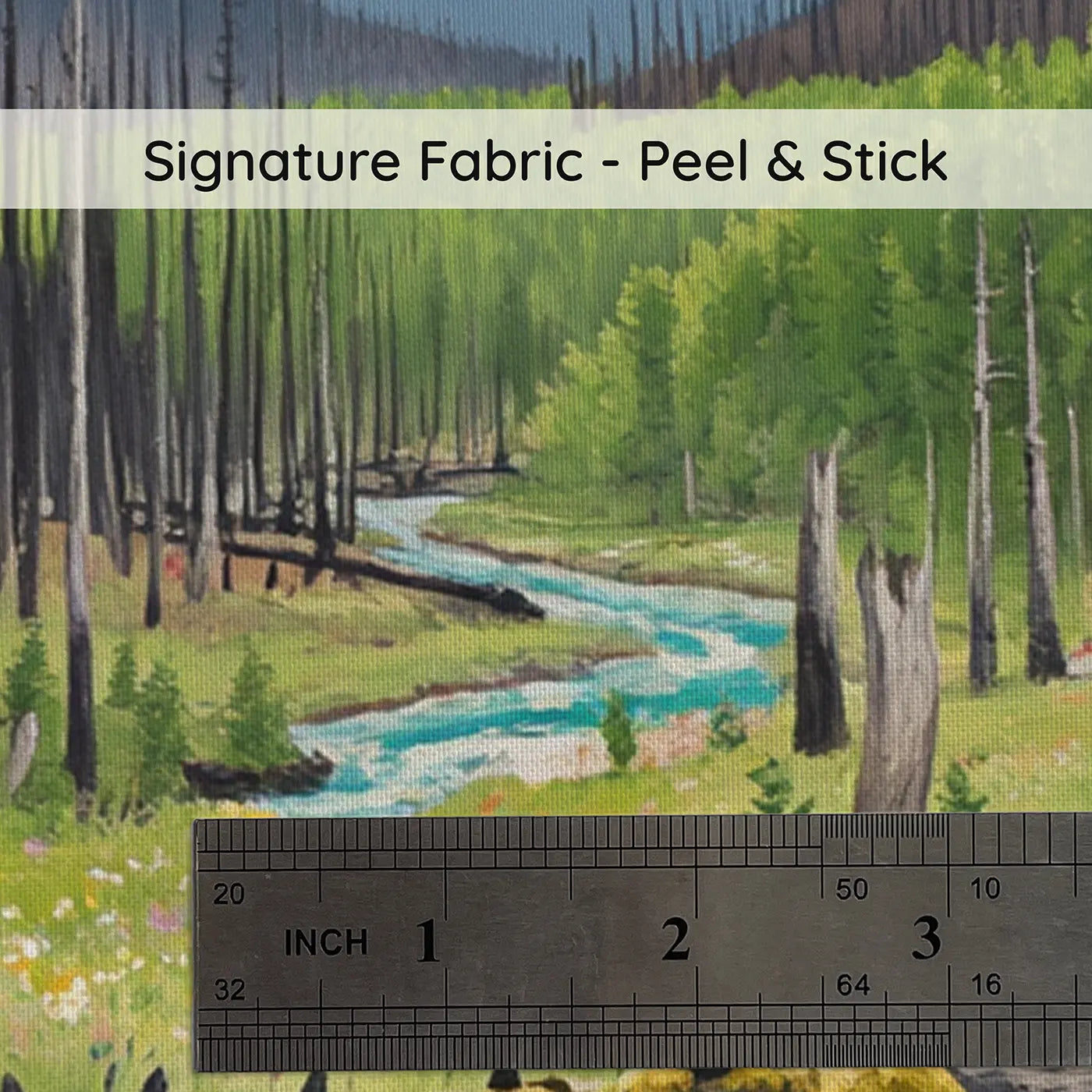 Fabric texture close-up of Mountain Forest Regrowth Wallpaper Mural by Whimsy Tots