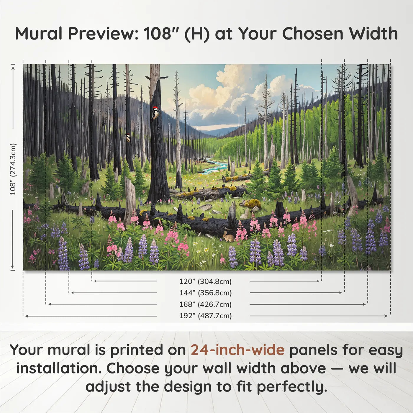 Panel layout and dimensions for Mountain Forest Regrowth Wallpaper Mural by Whimsy Tots