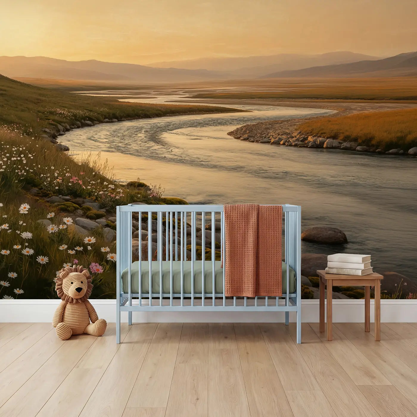 pastel river delta mountain sunset wallpaper mural for nursery by Whimsy Tots