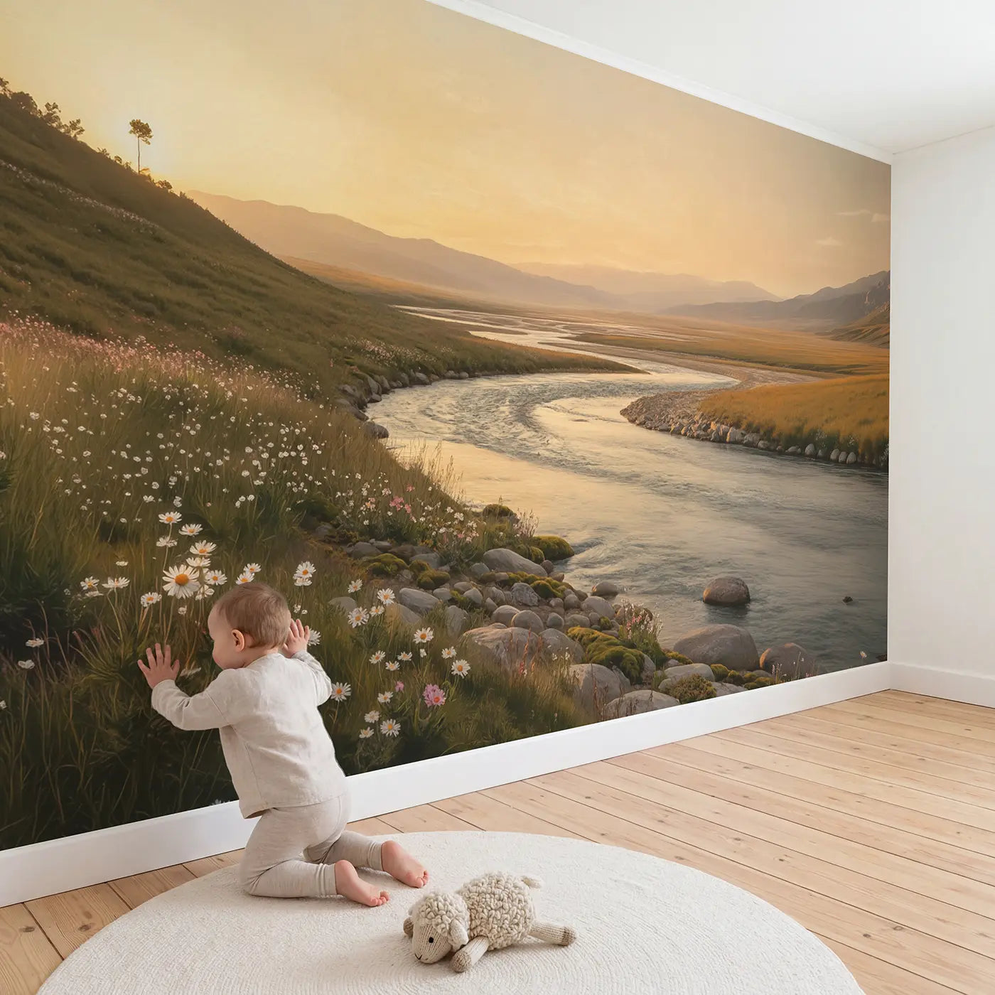 Child in nursery with River Delta Mountain Source Wallpaper Mural by Whimsy Tots
