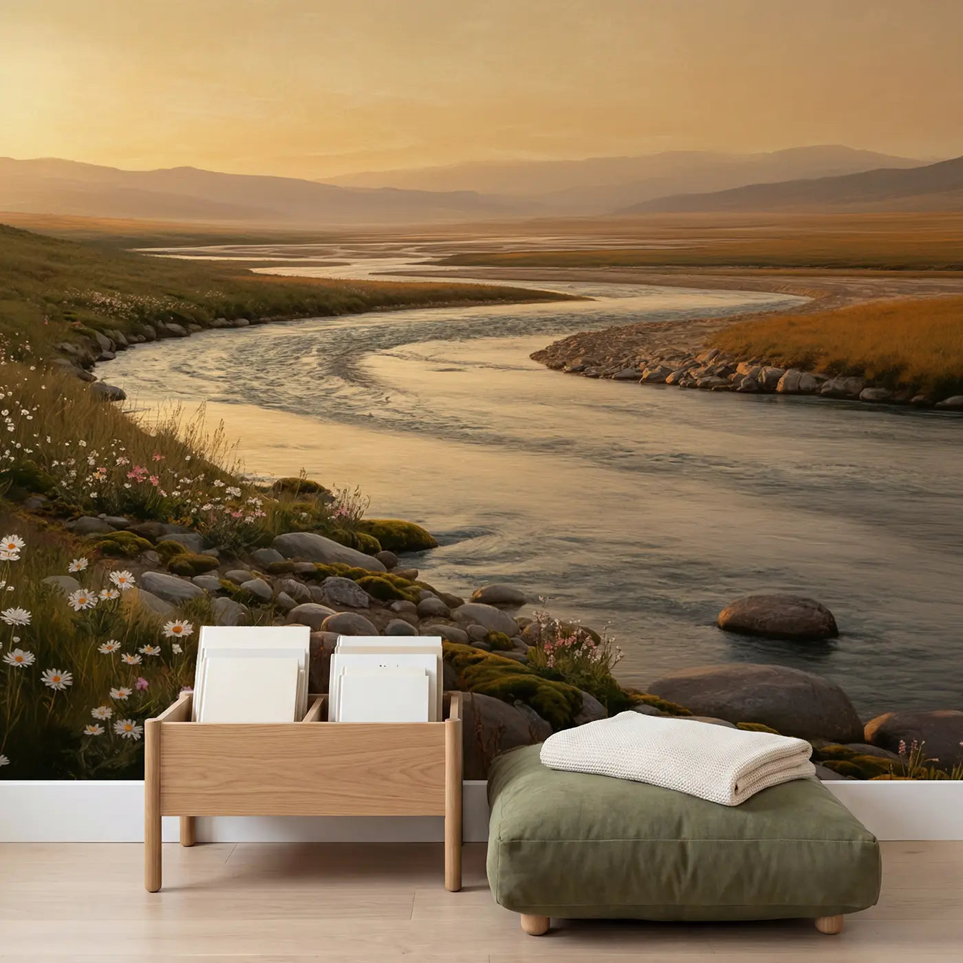 River Delta Mountain Source Wallpaper Mural in playroom setting by Whimsy Tots