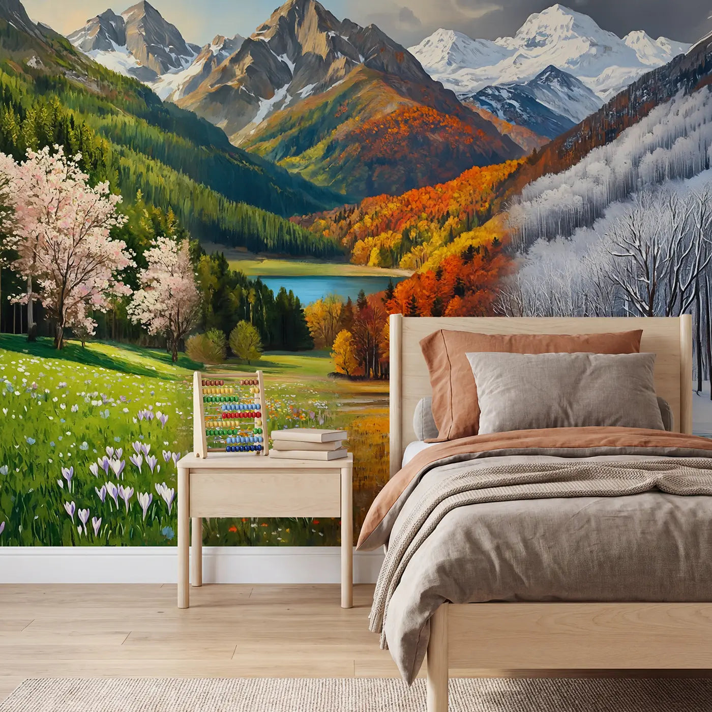 Painted landscape four seasons mountain wallpaper mural for kids room by Whimsy Tots