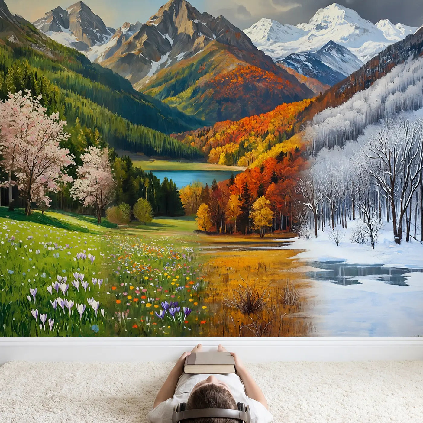 Child in nursery with Four Seasons Mountain Wallpaper Mural by Whimsy Tots