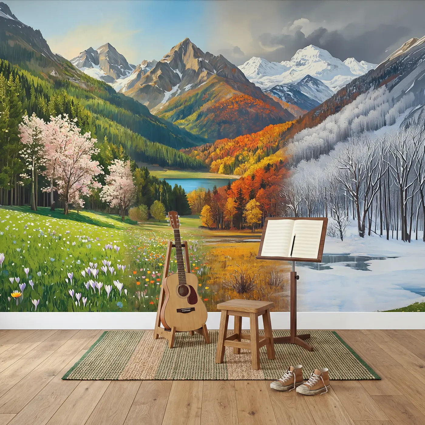 Four Seasons Mountain Wallpaper Mural in playroom setting by Whimsy Tots