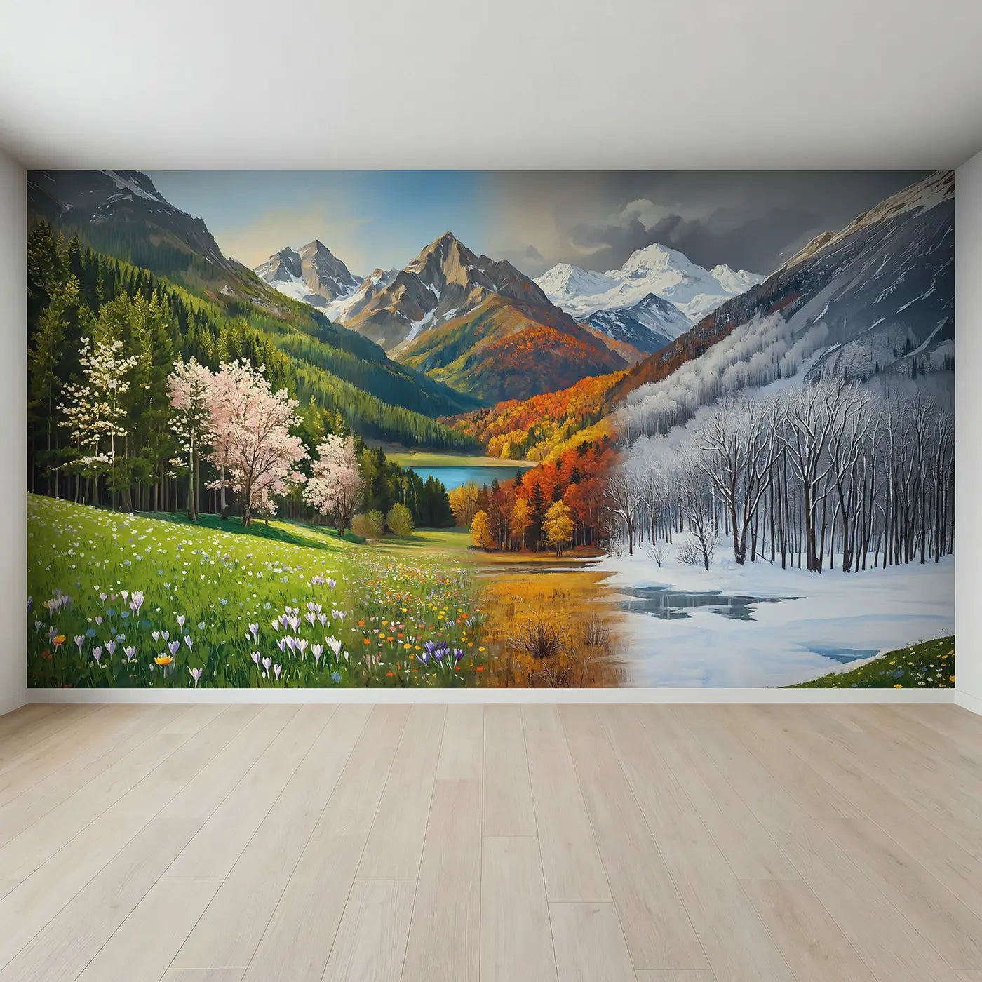 Full view of Four Seasons Mountain Wallpaper Mural by Whimsy Tots