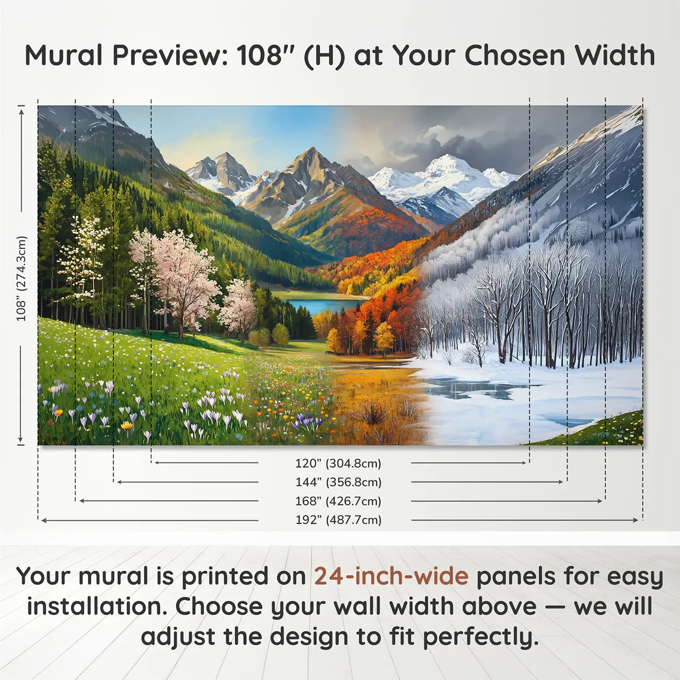 Panel layout and dimensions for Four Seasons Mountain Wallpaper Mural by Whimsy Tots