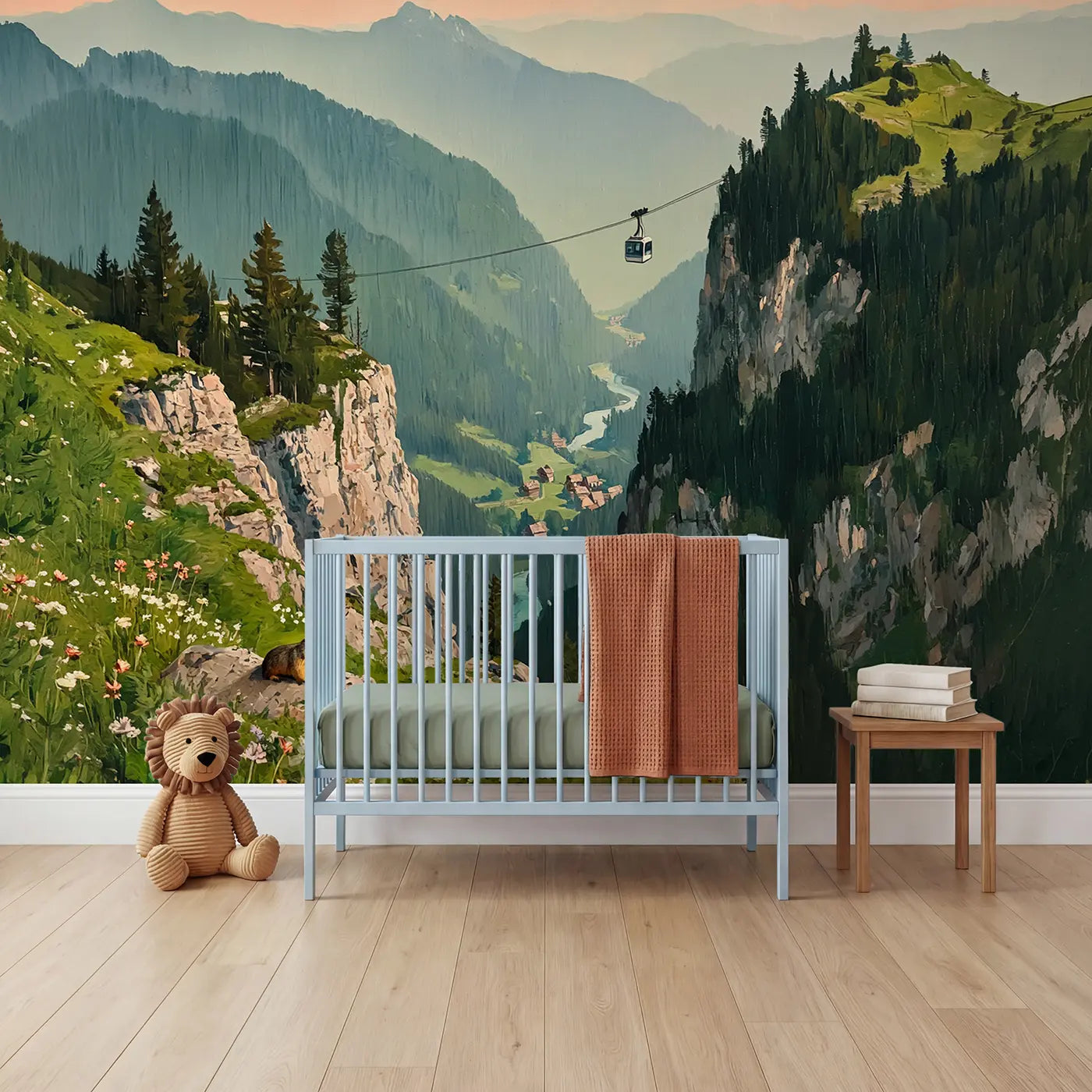 Painted landscape cable car over mountain wallpaper mural for kids room by Whimsy Tots