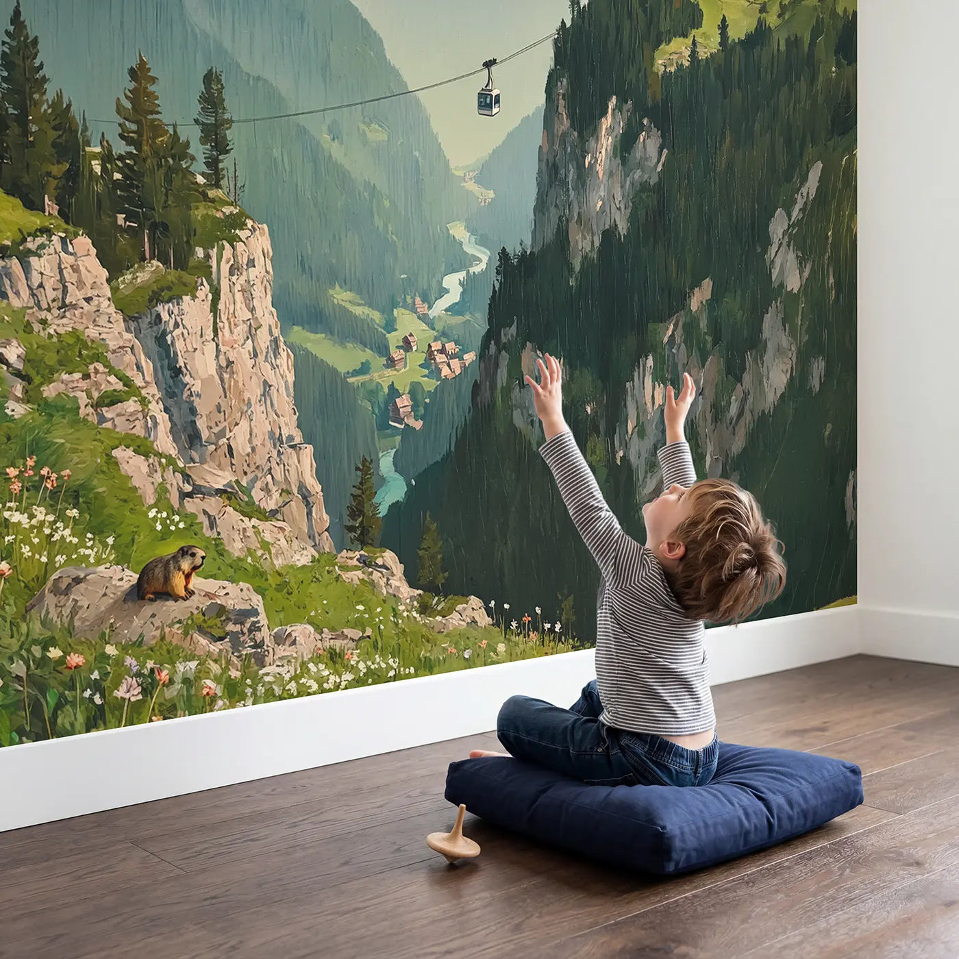 Child in nursery with Mountain Cable Car Crossing Wallpaper Mural by Whimsy Tots