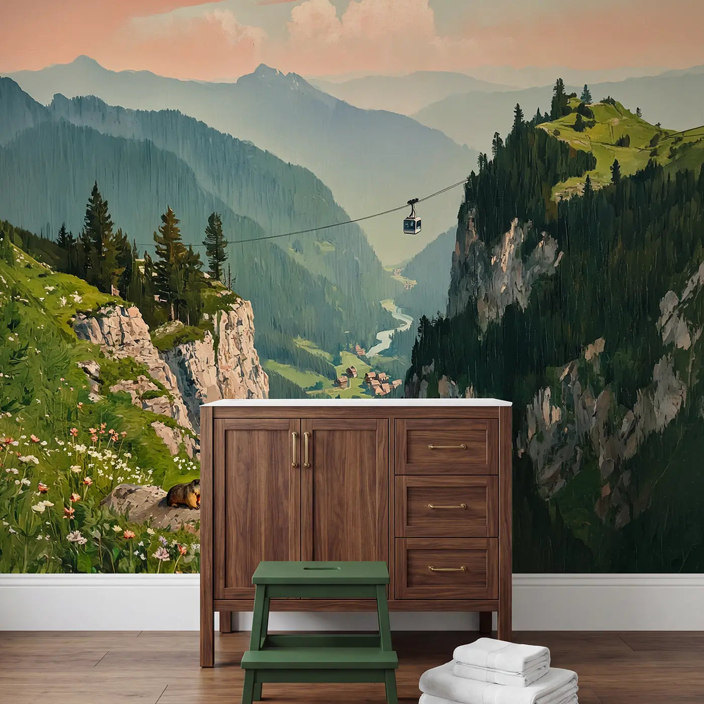 Mountain Cable Car Crossing Wallpaper Mural in playroom setting by Whimsy Tots