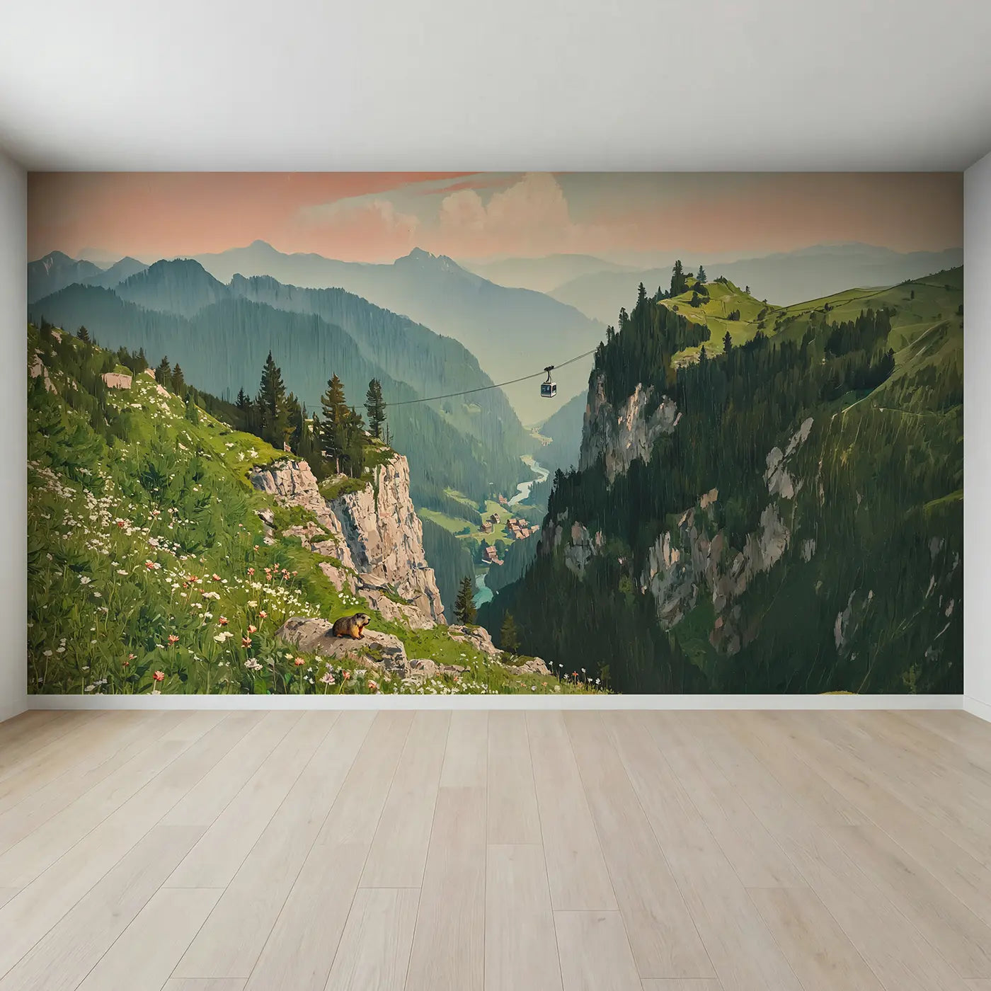 Full view of Mountain Cable Car Crossing Wallpaper Mural by Whimsy Tots