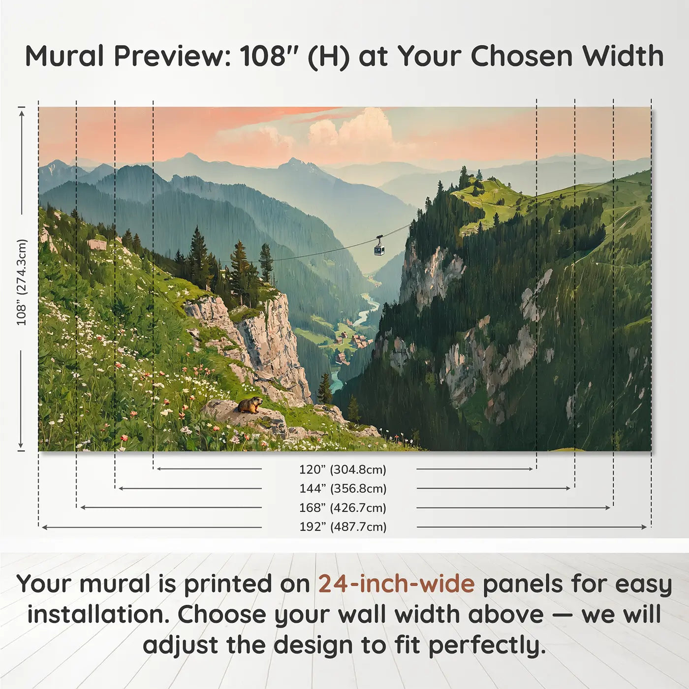 Panel layout and dimensions for Mountain Cable Car Crossing Wallpaper Mural by Whimsy Tots