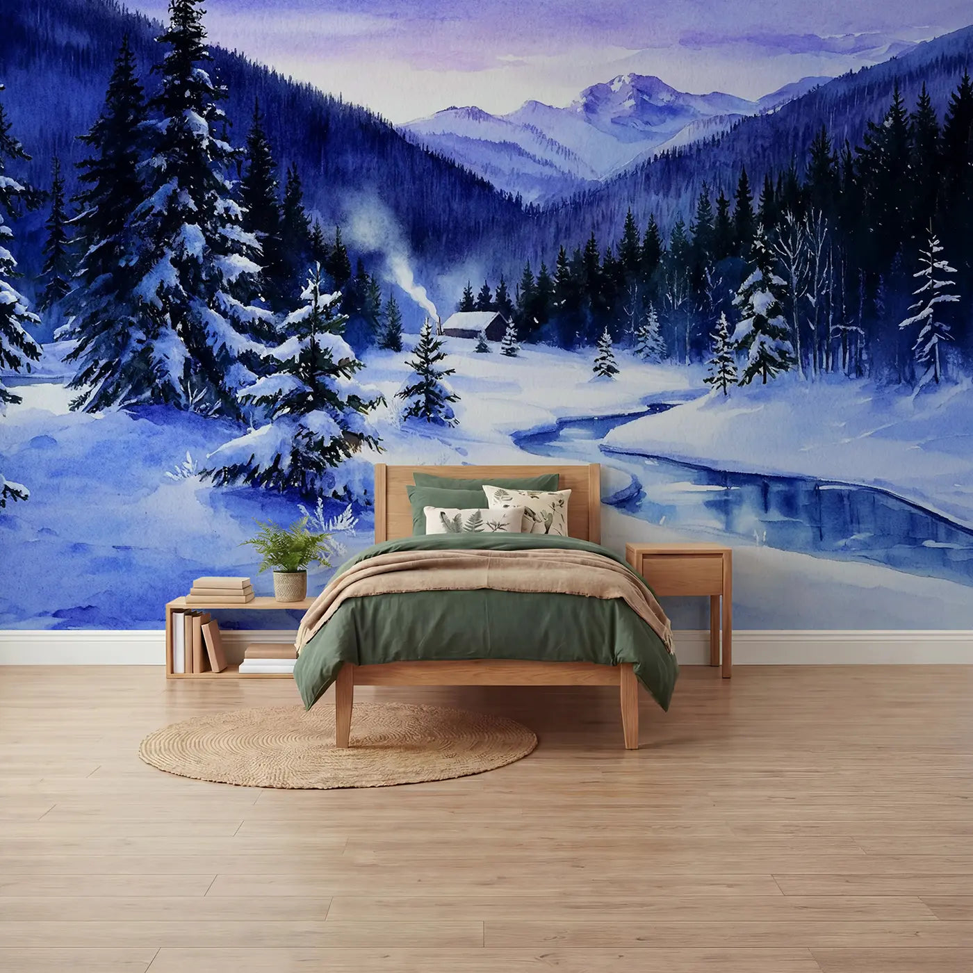 Watercolor snow mountain pine forest twilight wallpaper mural for boys room by Whimsy Tots